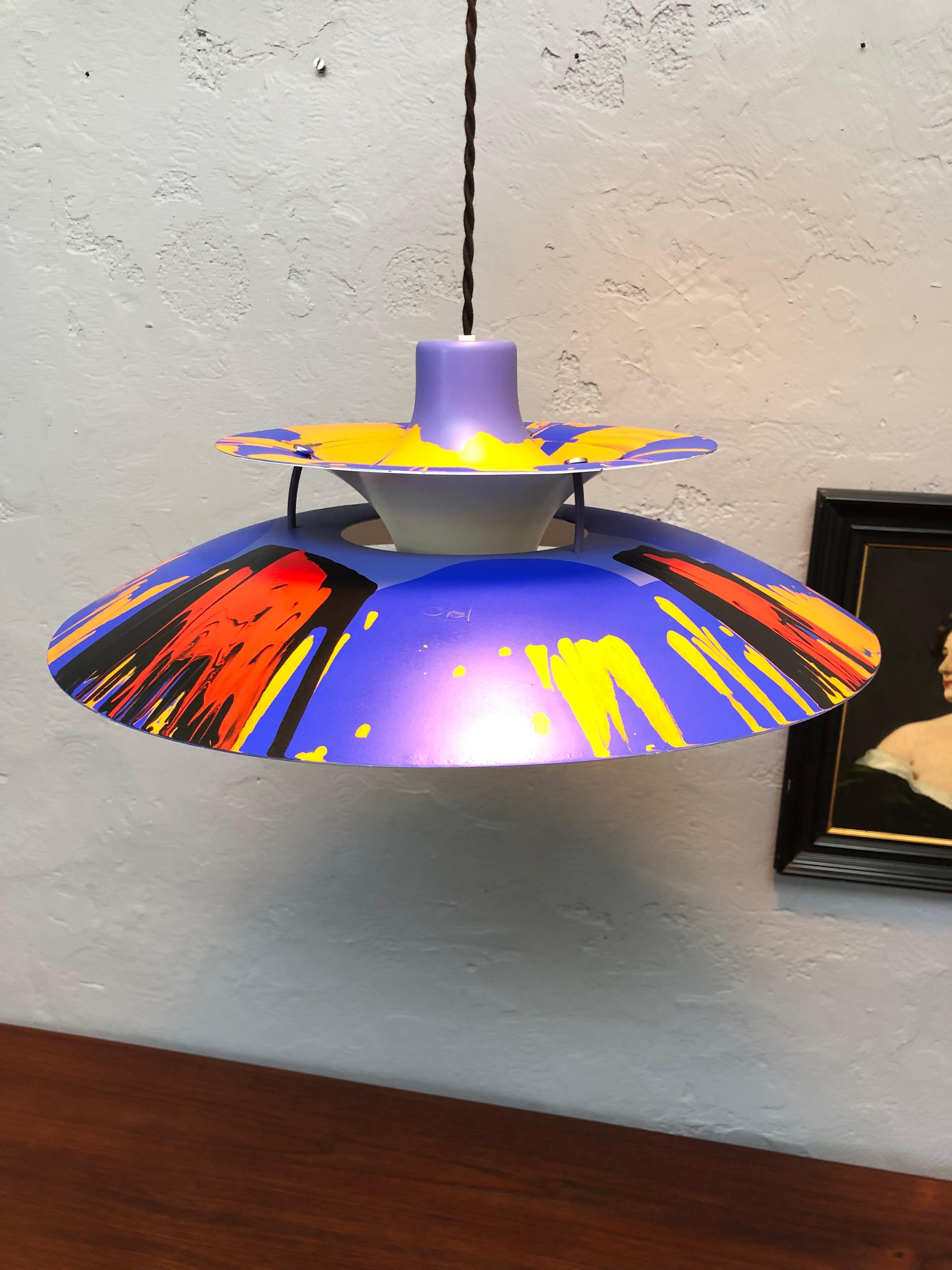 Iconic Vintage PH5 chandelier by Poul Henningsen for Louis Poulsen of Denmark from the 1990s with abstract art work by G61.
Entitled “Serengeti” 
The art work is acrylic paint with a clear coat finish on top. 
All types of abstract art share a