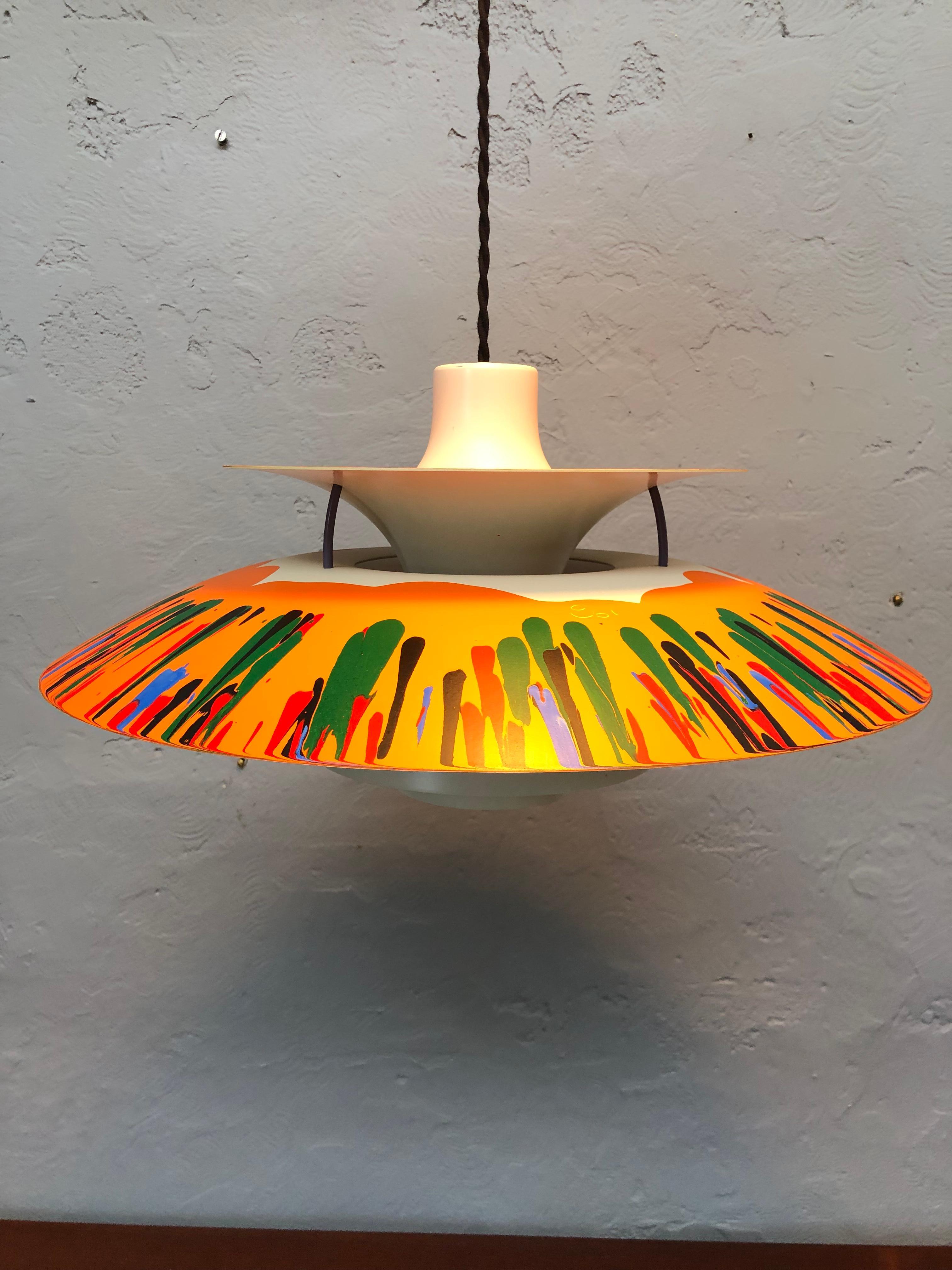 Iconic Vintage PH5 chandelier by Poul Henningsen for Louis Poulsen of Denmark from the 1990s with abstract art work by G61.
Entitled “Cypress Sunset”
The art work is acrylic paint with a clear coat finish on top. 
All types of abstract art share a