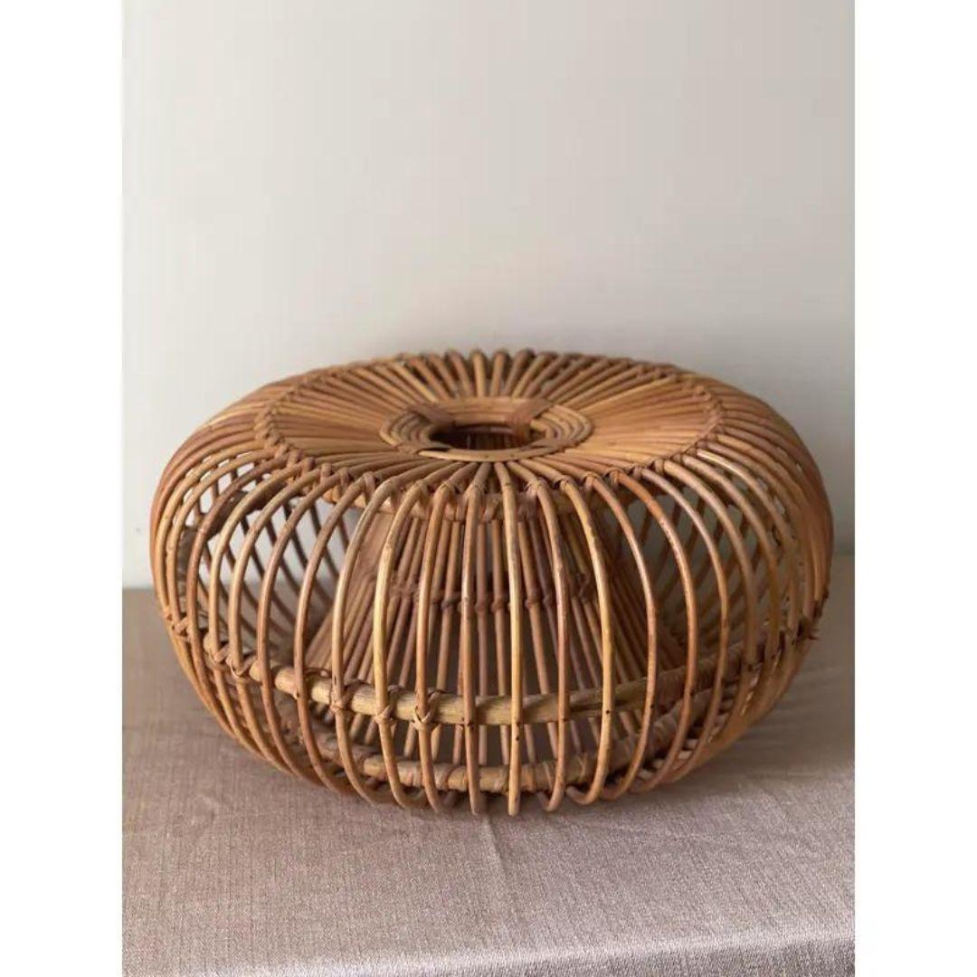 Iconic Vintage Rattan Ottoman Stool, Rare Center Opening, Italy, MCM 1950-1960 For Sale 1