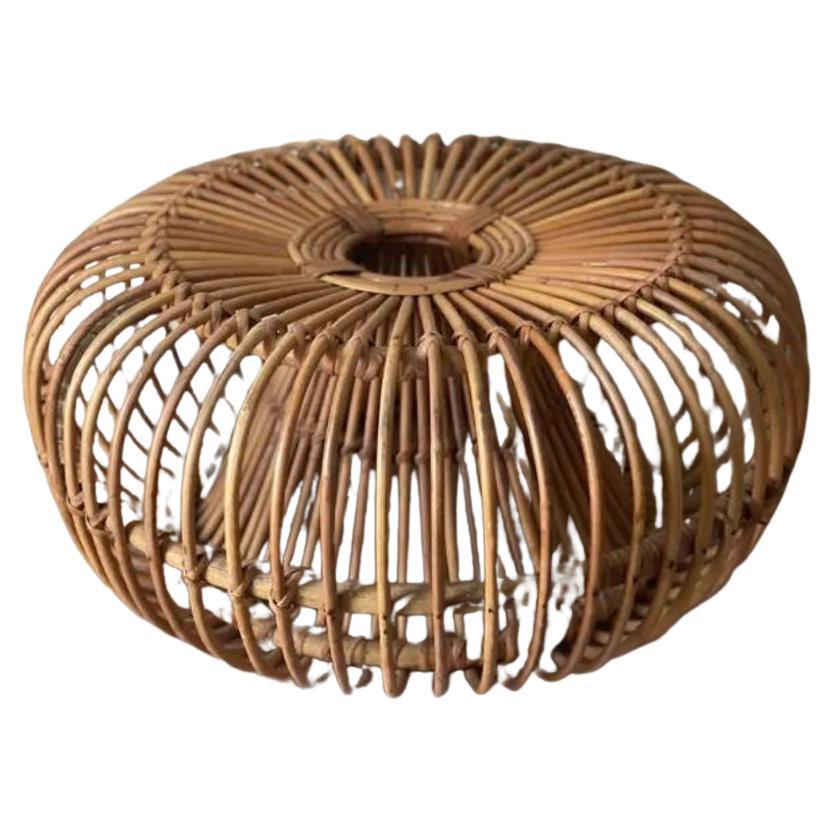 Iconic Vintage Rattan Ottoman Stool, Rare Center Opening, Italy, MCM 1950-1960 For Sale