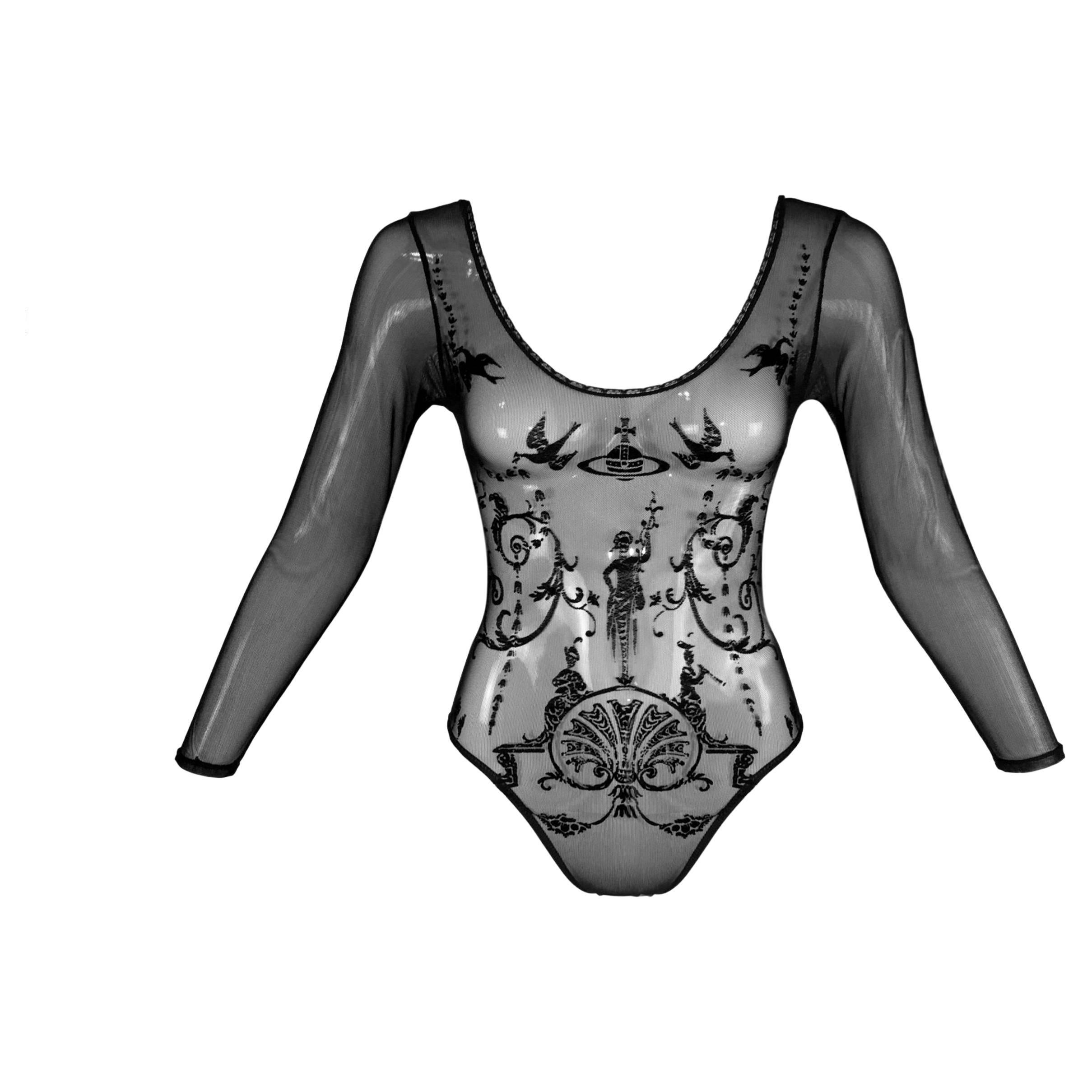 Iconic Vivienne Westwood Documented 1992 Black Sheer Mesh Bodysuit Top For Sale