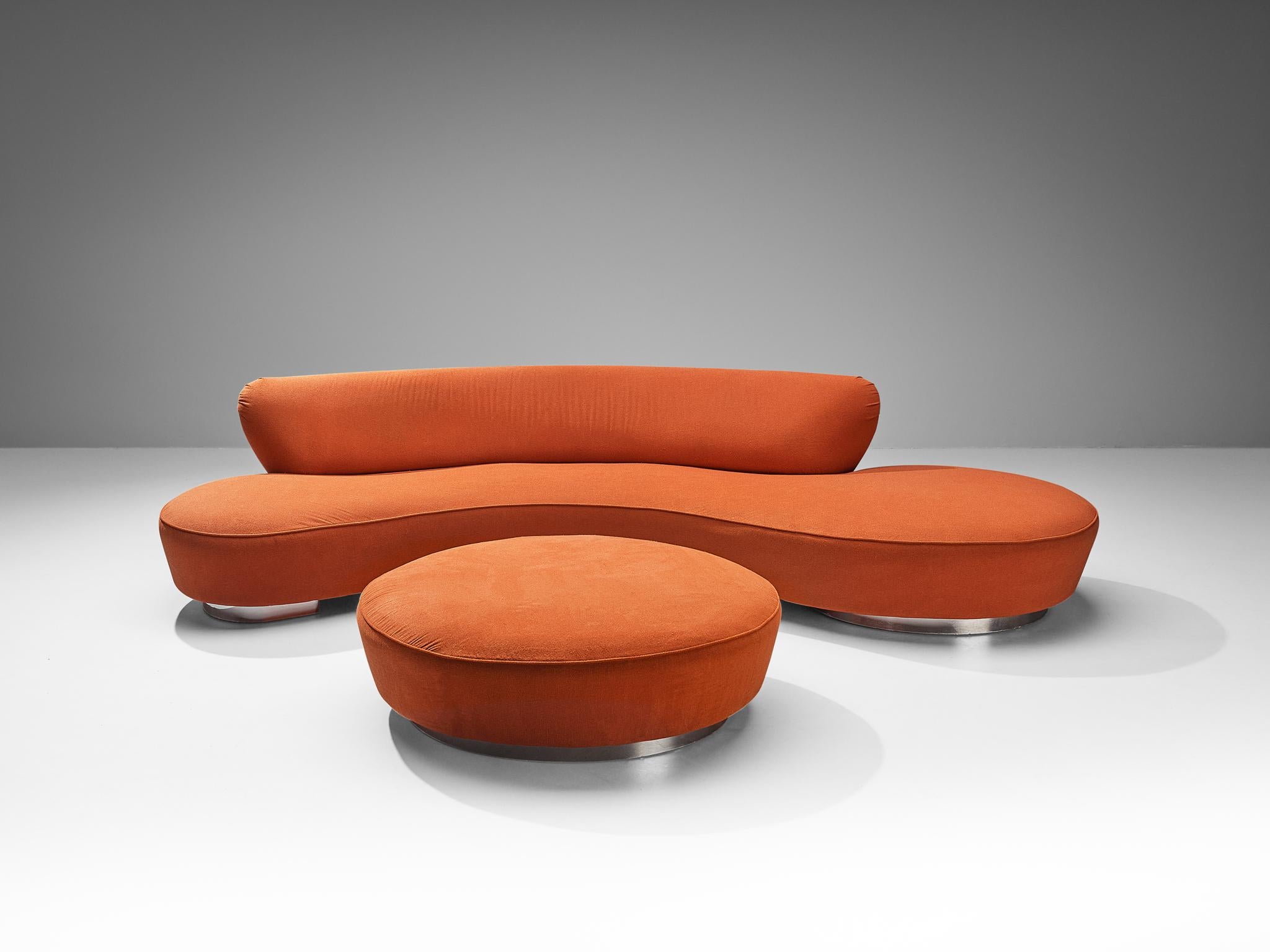 Metal Iconic Vladimir Kagan ‘Serpentine’ Sofa with Ottoman in Red Orange Fabric