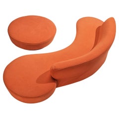 Iconic Vladimir Kagan ‘Serpentine’ Sofa with Ottoman in Red Orange Fabric