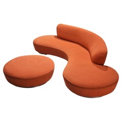 Vintage Iconic Vladimir Kagan ‘Serpentine’ Sofa with Ottoman in Red Orange Fabric 