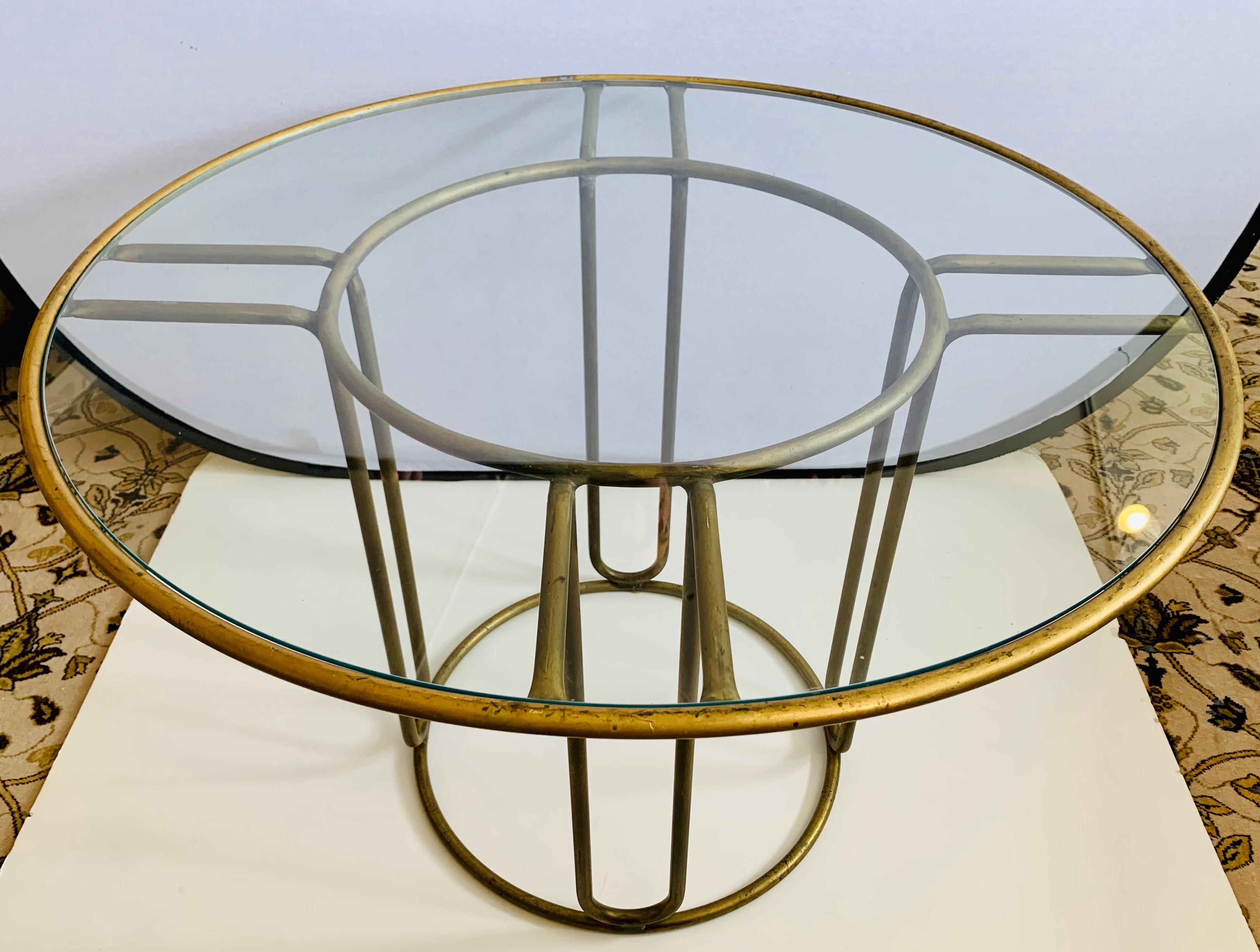 Mid-Century Modern Iconic Walter Lamb for Brown Jordan Round Glass and Brass Bistro Table