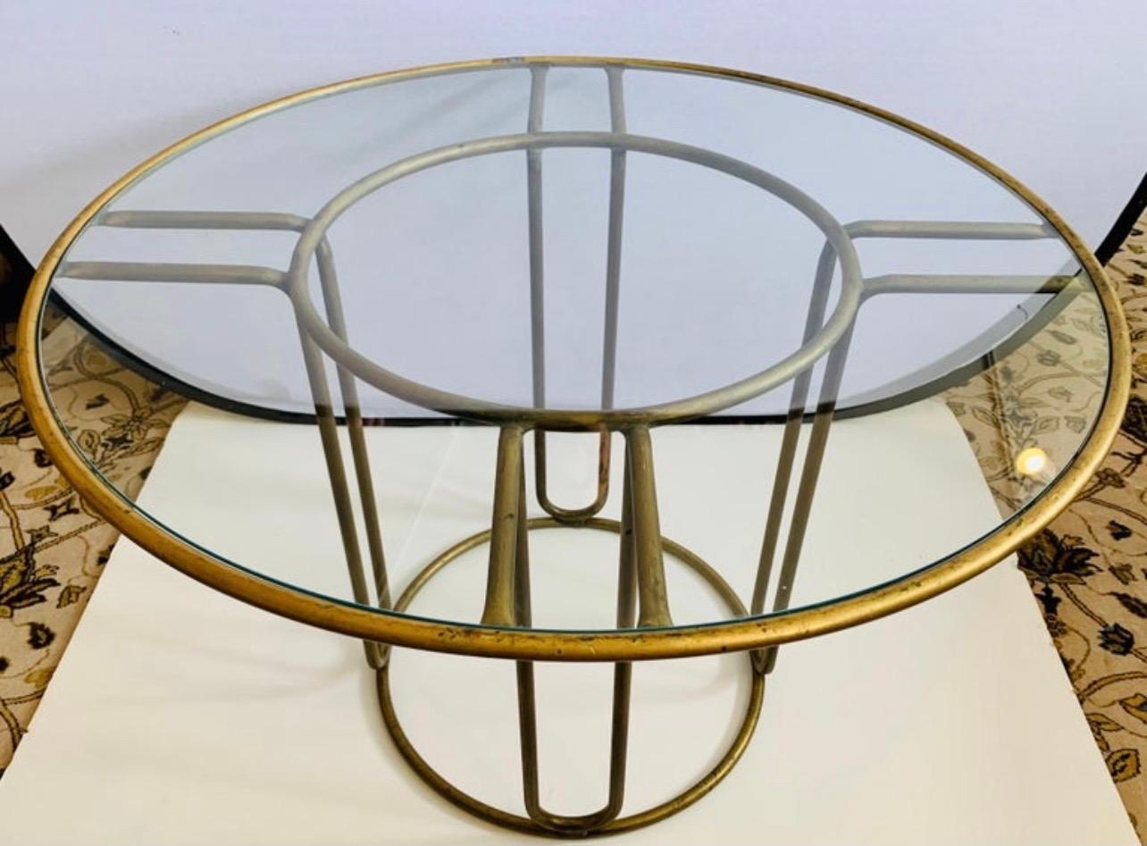 Mid-Century Modern Iconic Walter Lamb for Brown Jordan Round Glass and Brass Bistro Table