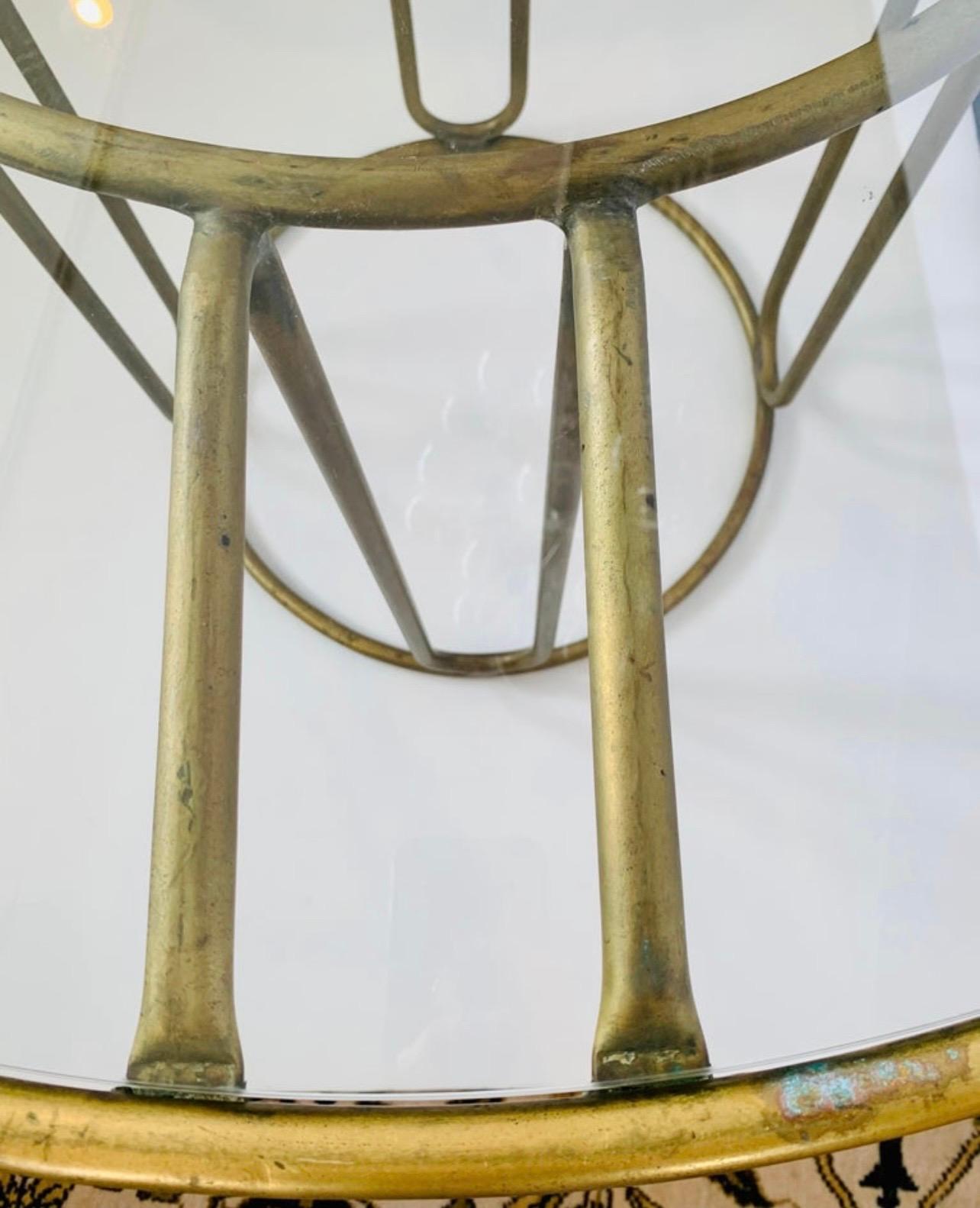 Iconic Walter Lamb for Brown Jordan Round Glass and Brass Bistro Table In Good Condition In West Hartford, CT