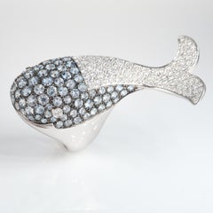 Iconic Whale Design White Gold Ring with Diamonds and Aquamarine