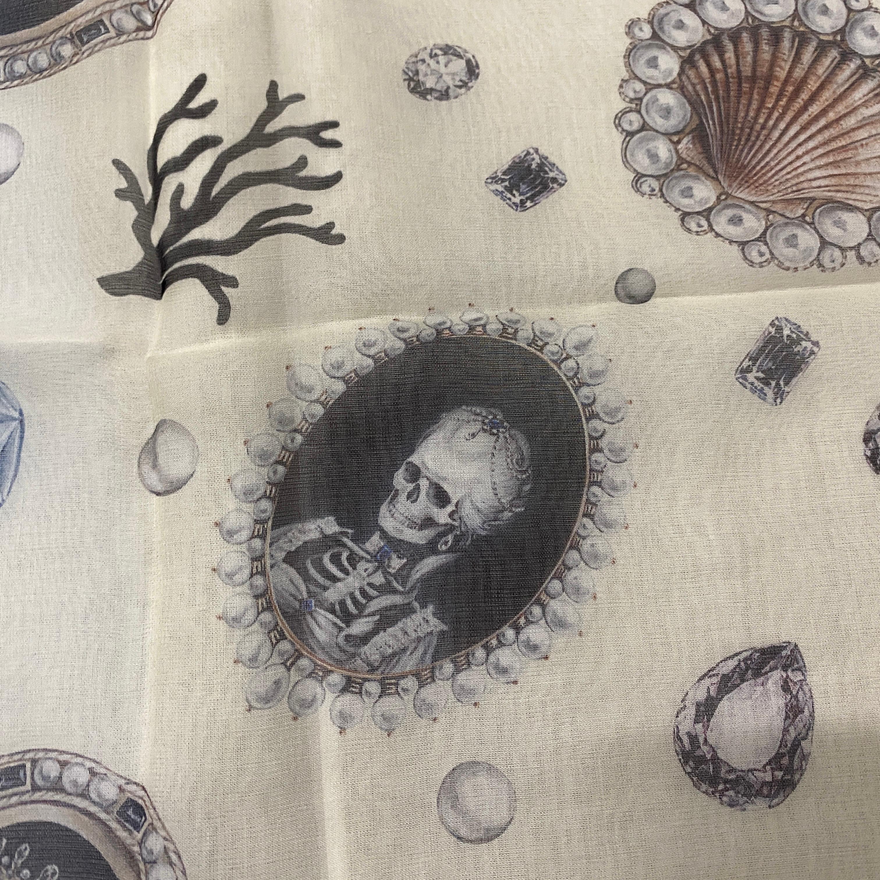 Iconic White Silk Scarf by Alexander McQueen, with central Skull 1