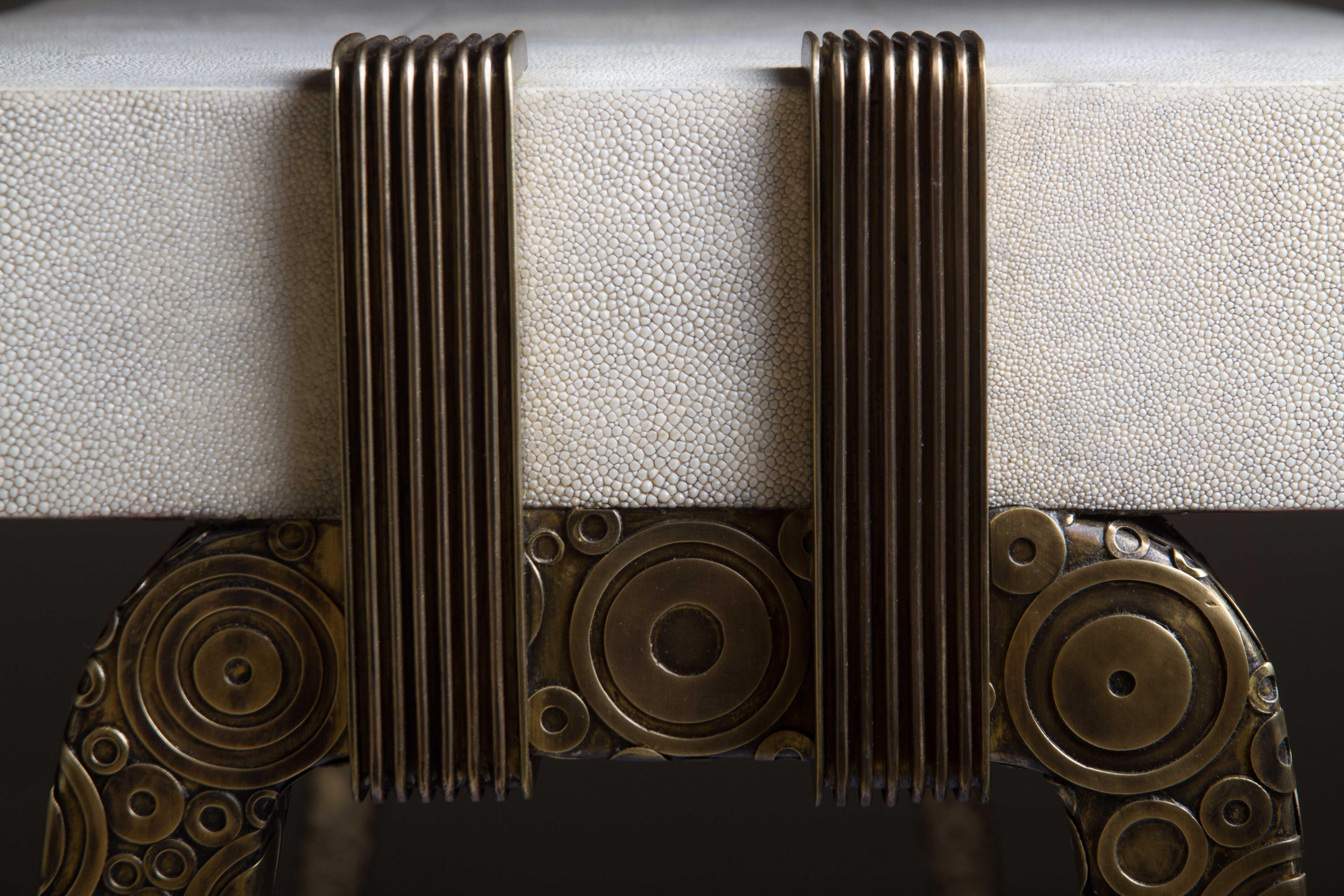 Art Deco Iconic Writing Desk in Cream Shagreen and Bright Brass by R&Y Augousti