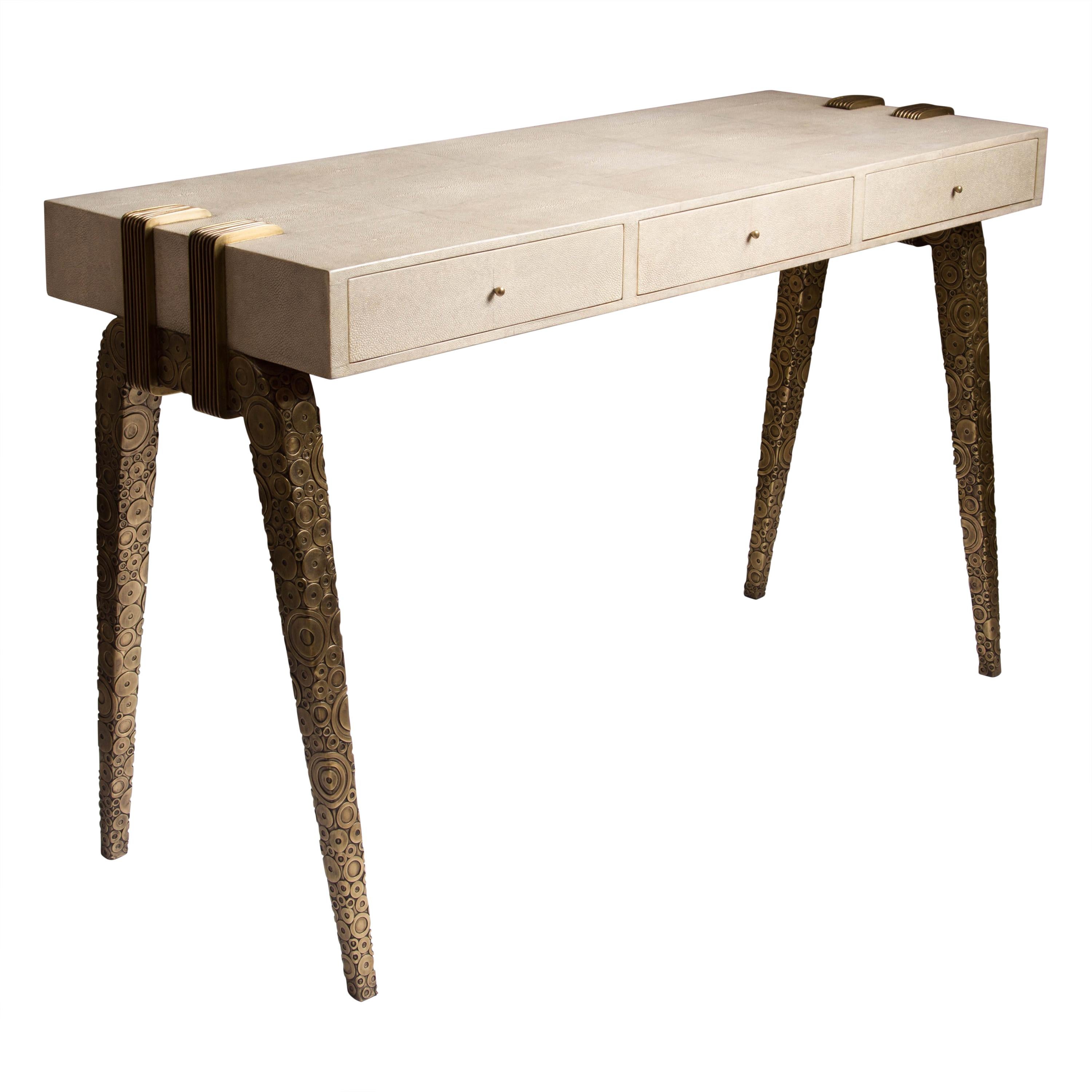 Iconic Writing Desk in Cream Shagreen and Bright Brass by R&Y Augousti