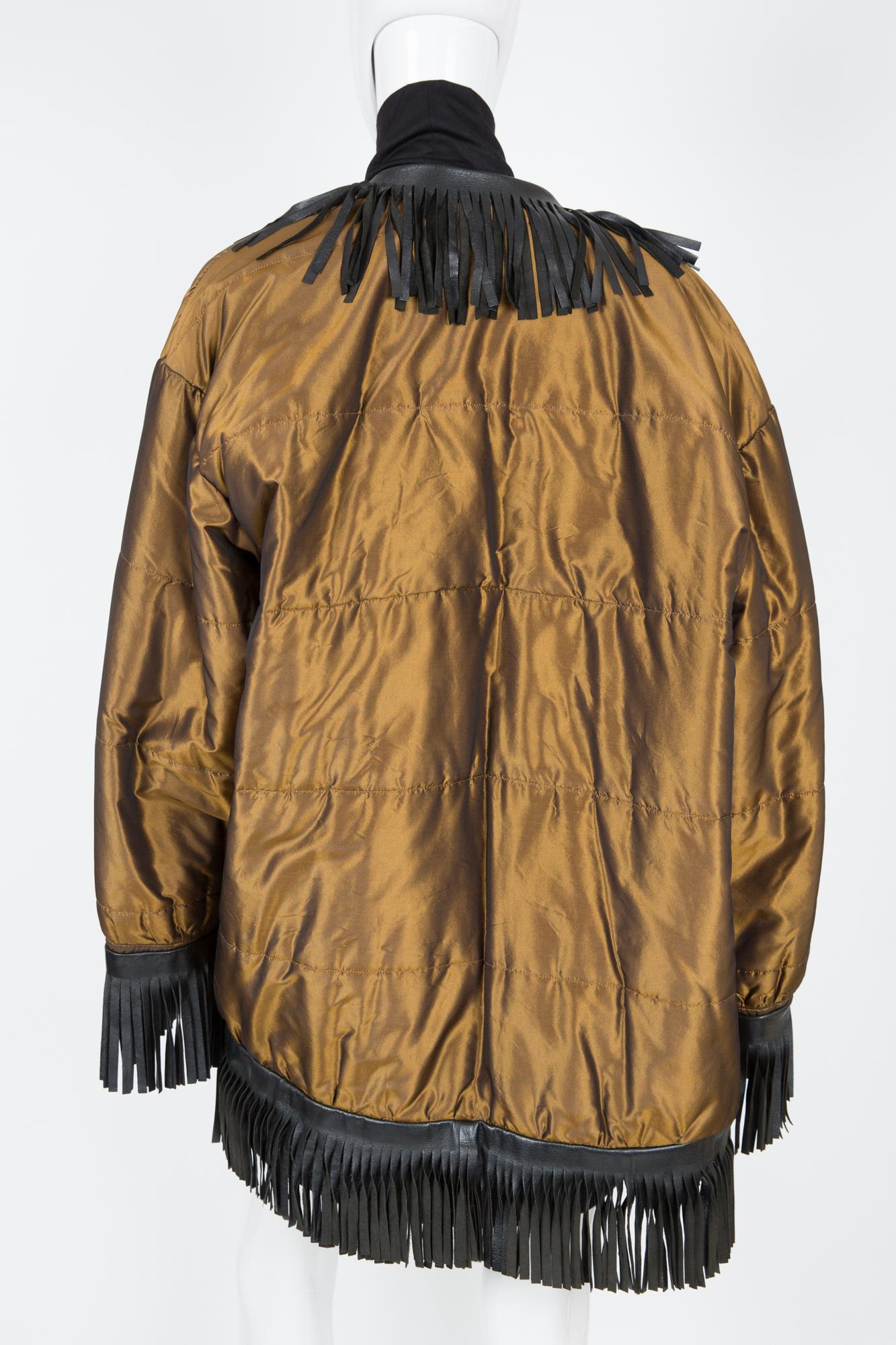 Iconic YSL 1987 Yves Saint Laurent Gold Silk and Leather Quilted Puffy Coat  In Excellent Condition In Paris, FR