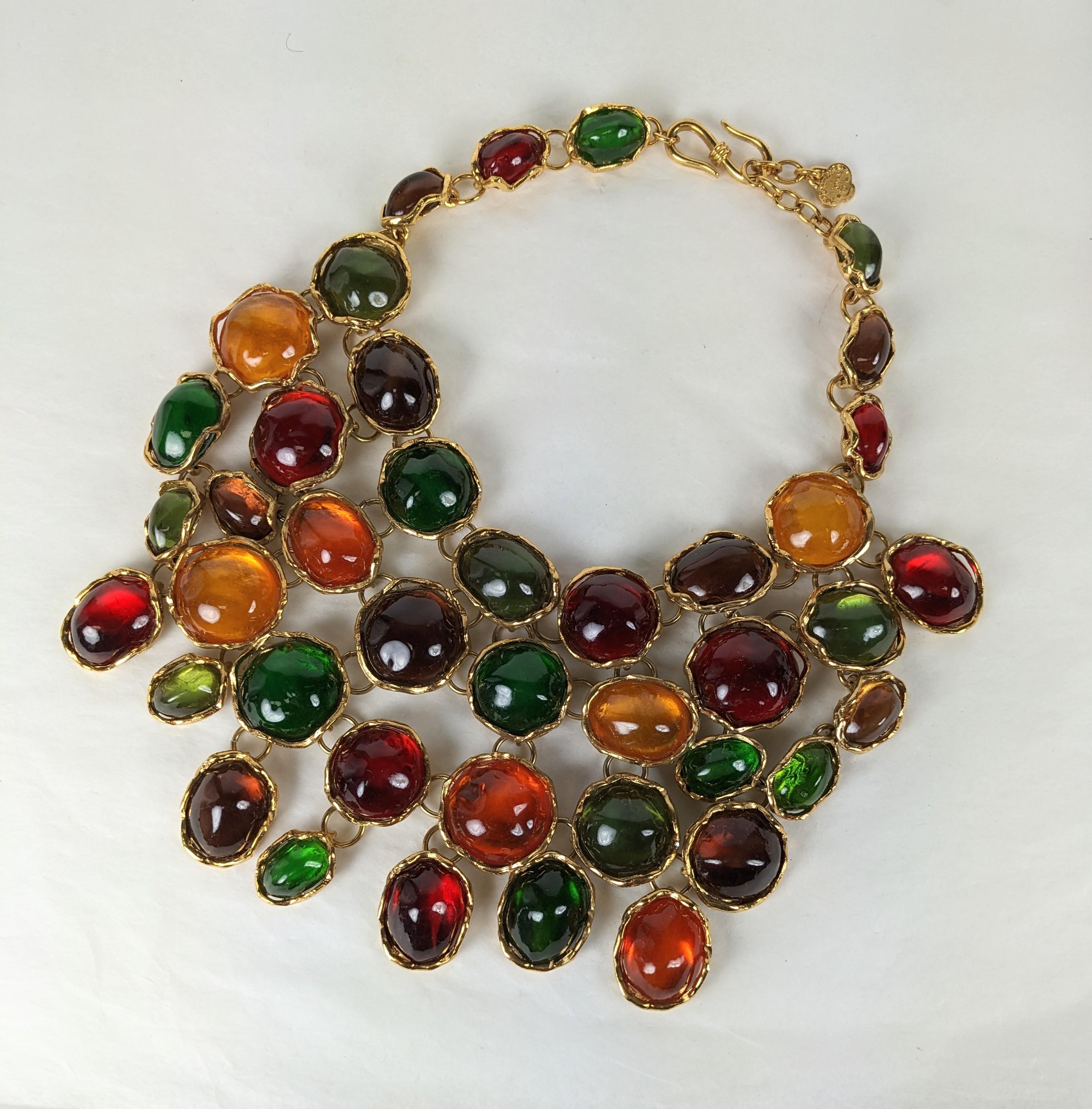 Iconic Yves Saint Laurent Gem Set Bib by LouLou de la Falaise and Maison Goossens for YSL dating to 1989.  Dramatic, oversized poured glass style bib necklace with huge resin gems in gilt bronze articulated settings. Adjustable hook closure. Adjusts