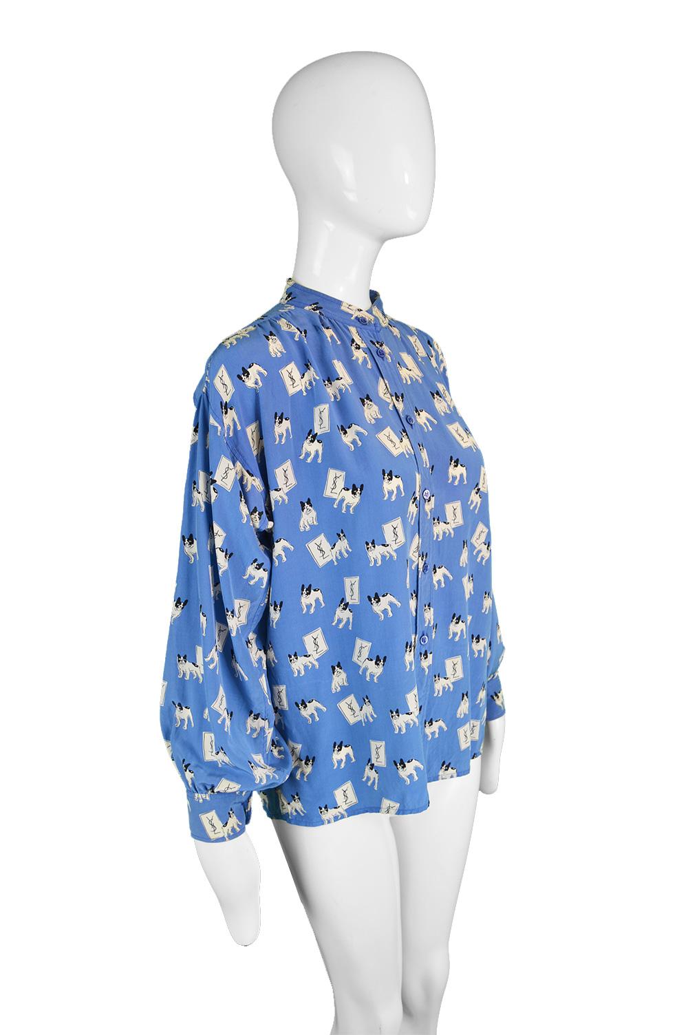Blue Iconic Yves Saint Laurent Vintage Moujik the French Bulldog Print Blouse, 1980s