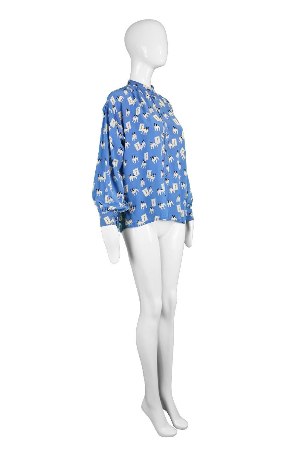 Iconic Yves Saint Laurent Vintage Moujik the French Bulldog Print Blouse, 1980s In Good Condition In Doncaster, South Yorkshire