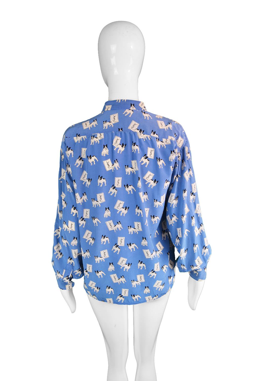 Women's Iconic Yves Saint Laurent Vintage Moujik the French Bulldog Print Blouse, 1980s