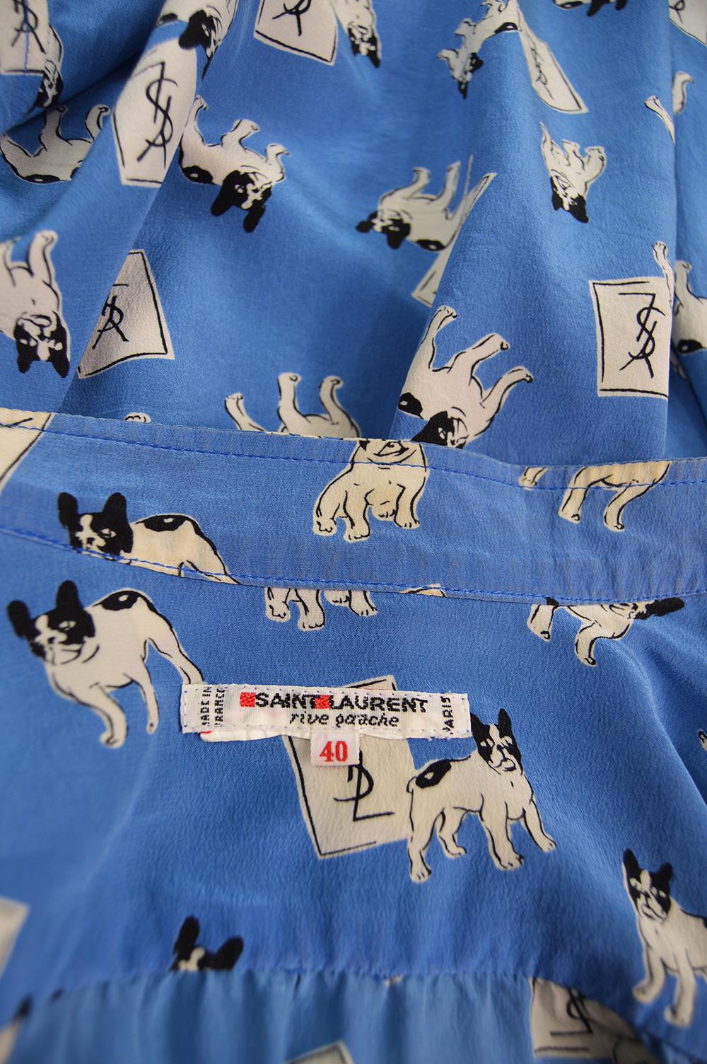 Iconic Yves Saint Laurent Vintage Moujik the French Bulldog Print Blouse, 1980s 1