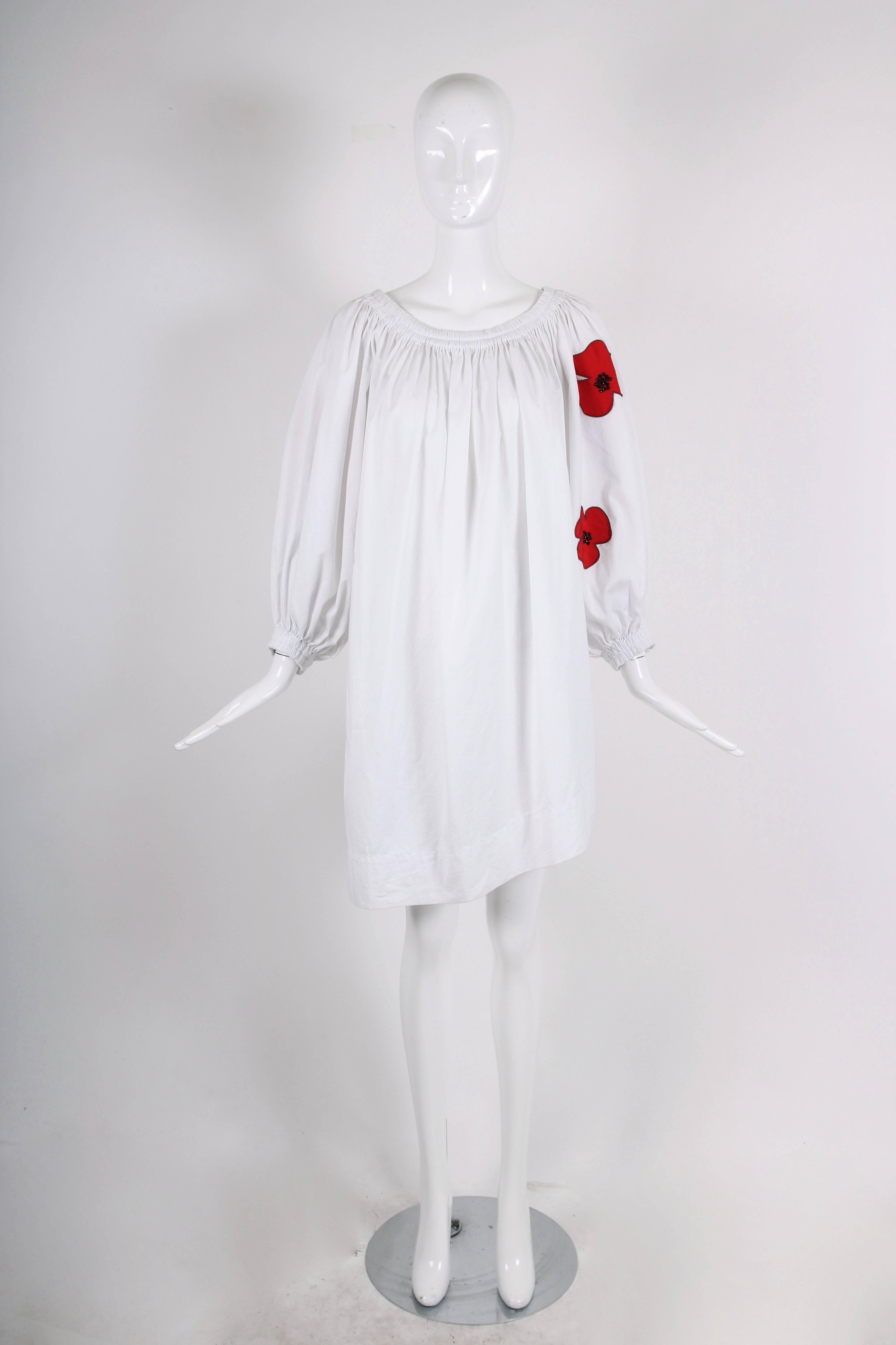 Gray Yves Saint Laurent YSL White Cotton Asymmetric Dress with Poppies