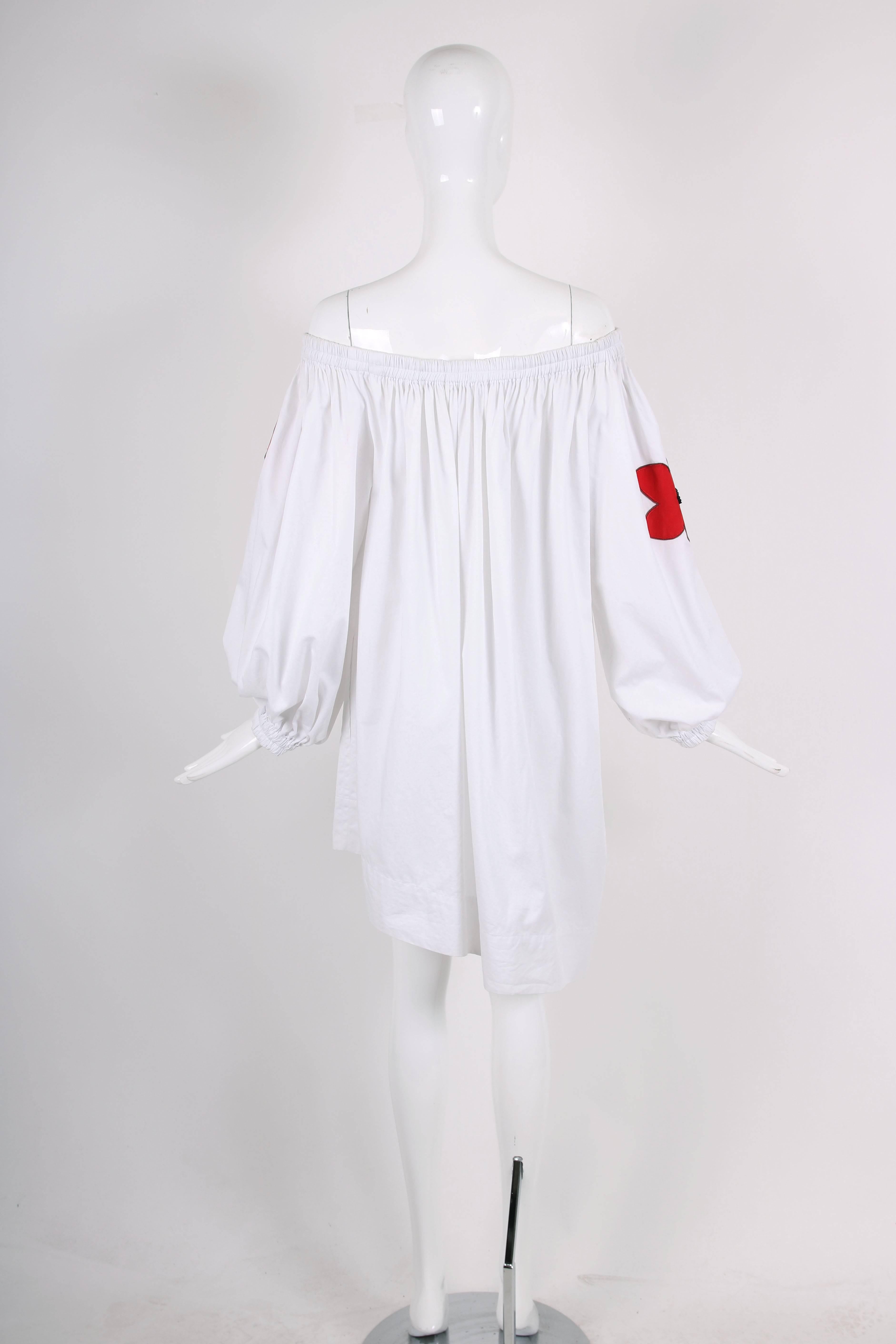 Women's Yves Saint Laurent YSL White Cotton Asymmetric Dress with Poppies