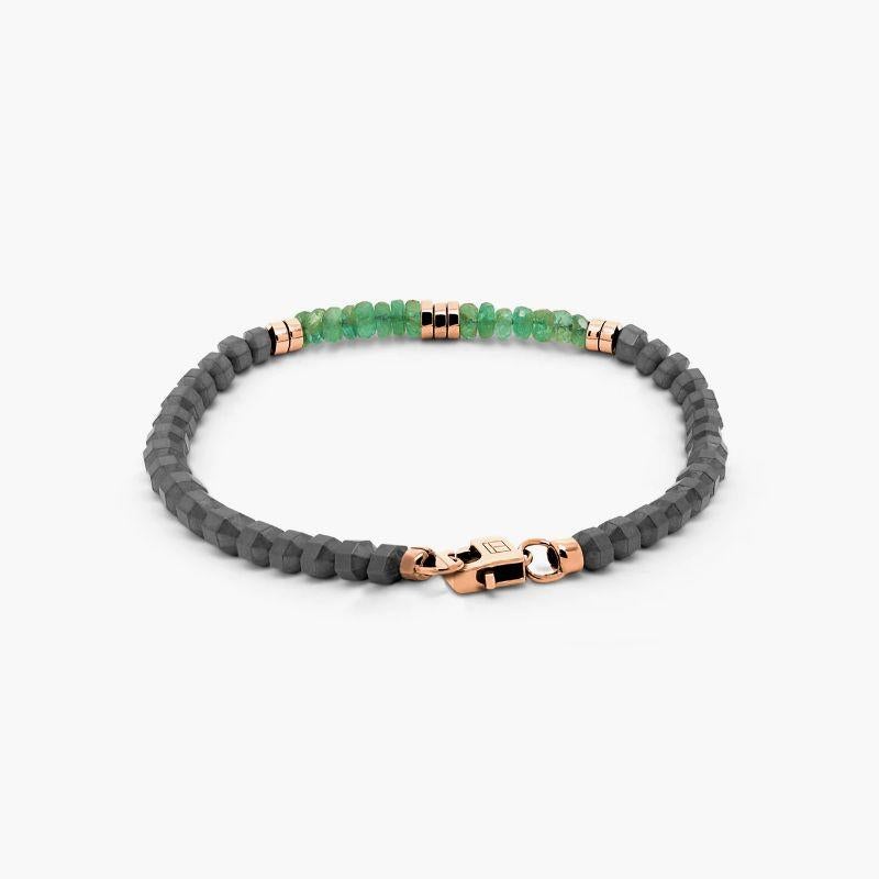 Icosahedron Emerald Bracelet in Hematite with Sterling Silver, Size XS

Faceted emerald stones sit together with accents of 2-microns rose gold-plated sterling silver discs and finished with our lobster clasp. Hematite stones are cut into a 20 sided