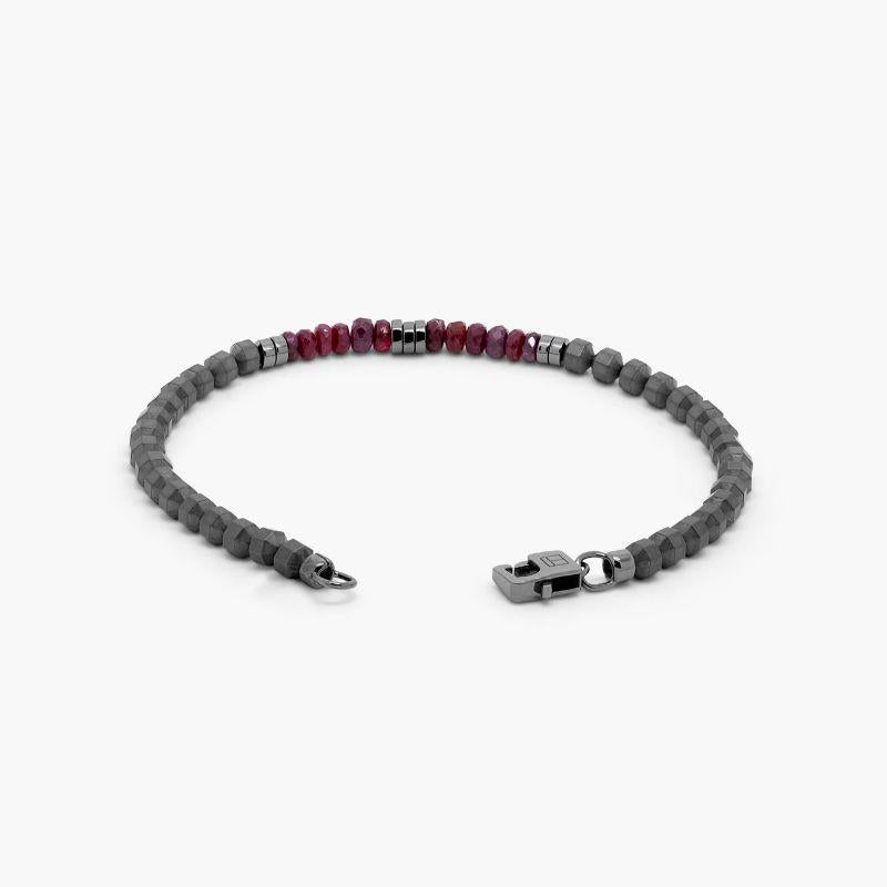 Men's Icosahedron Ruby Bracelet in Hematite with Sterling Silver, Size L