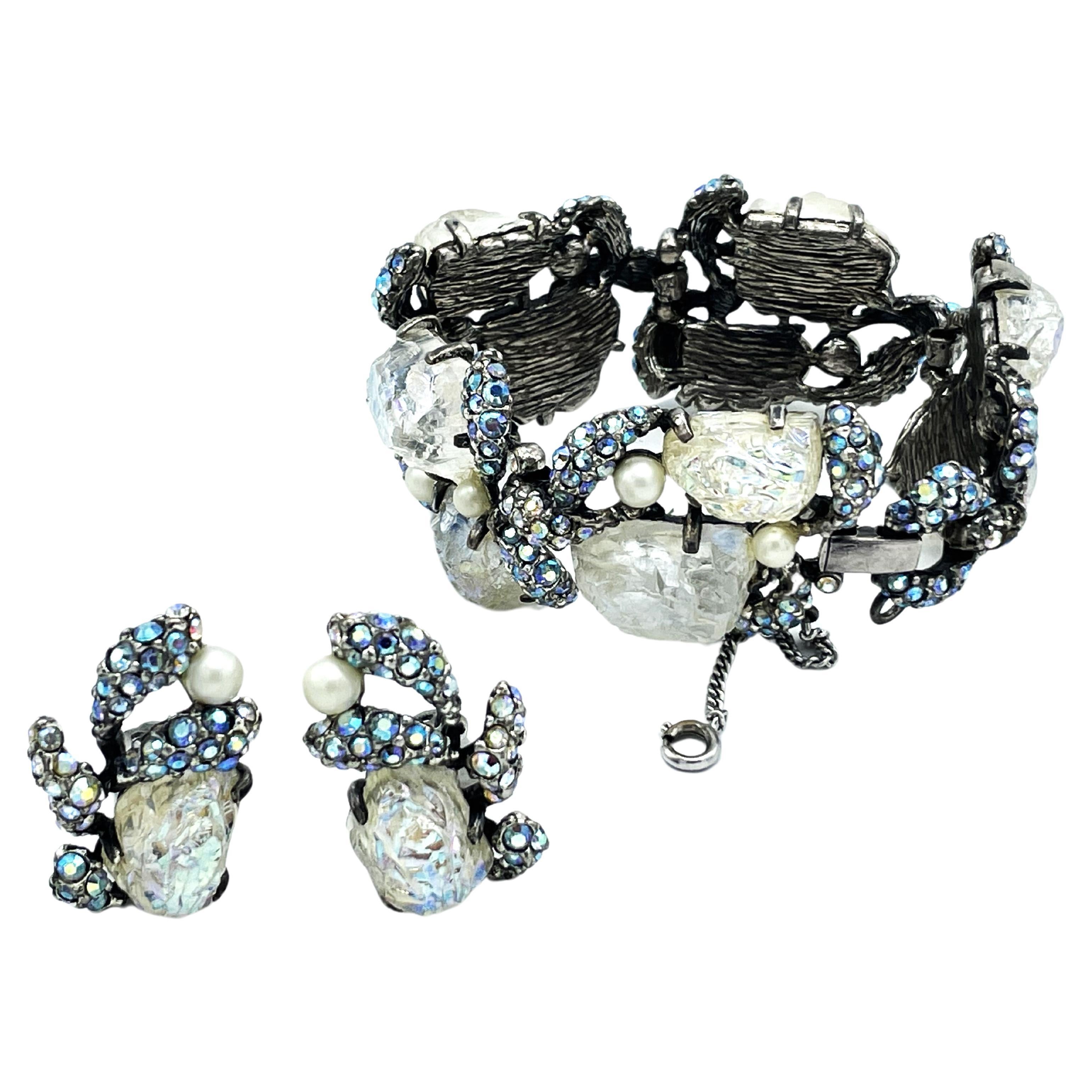 Bracelet set with clip-on earring rhinstone by Elsa Schiaparelli Italy  1950s