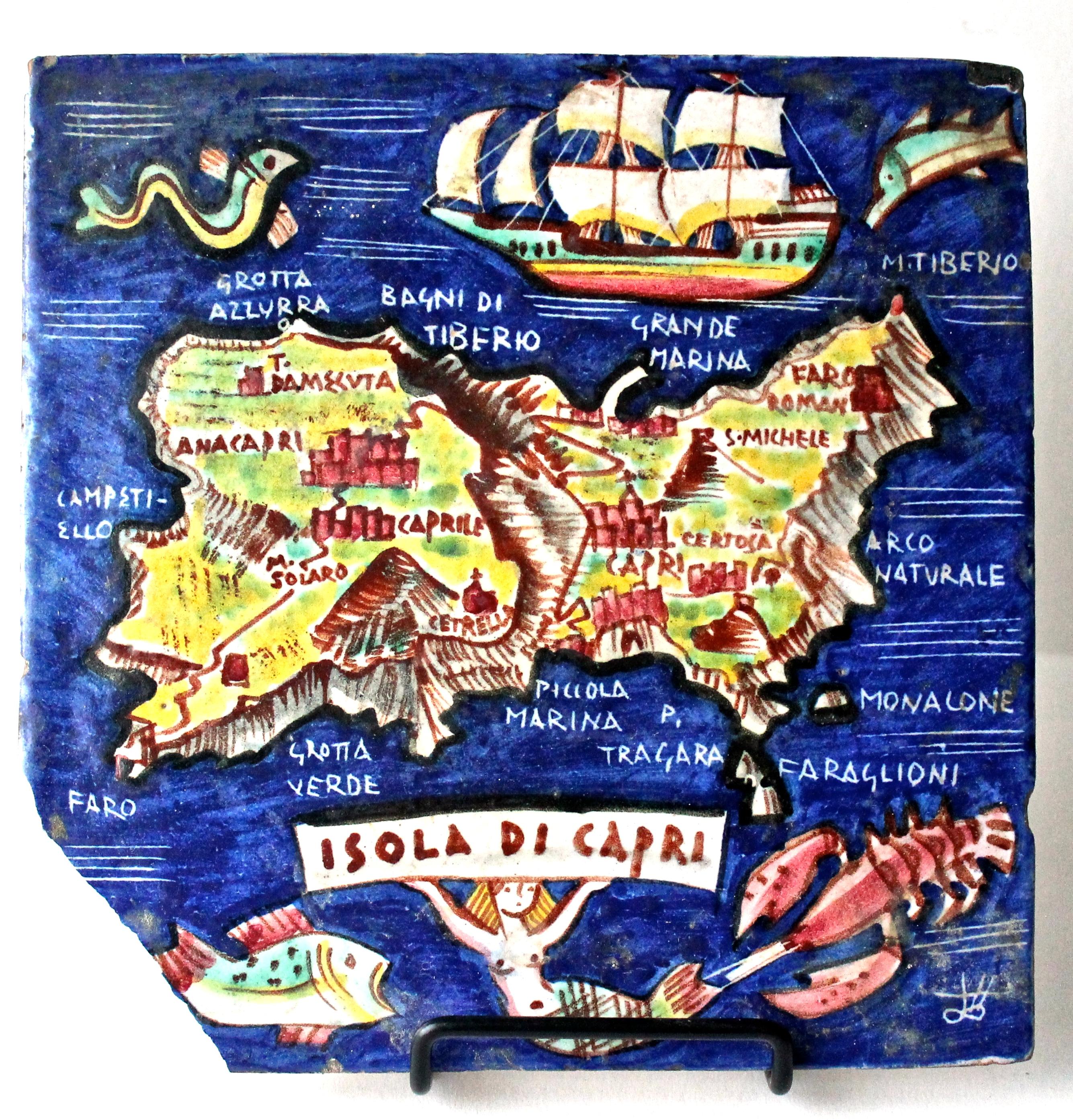 Important hand-painted and signed lower right ICS (Vietri) tile of Capri.
Corner damage to lower left where the fish logo probably was.