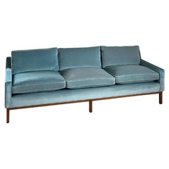 Icy Blue Dunbar-Style Sofa with Walnut Base + Legs
