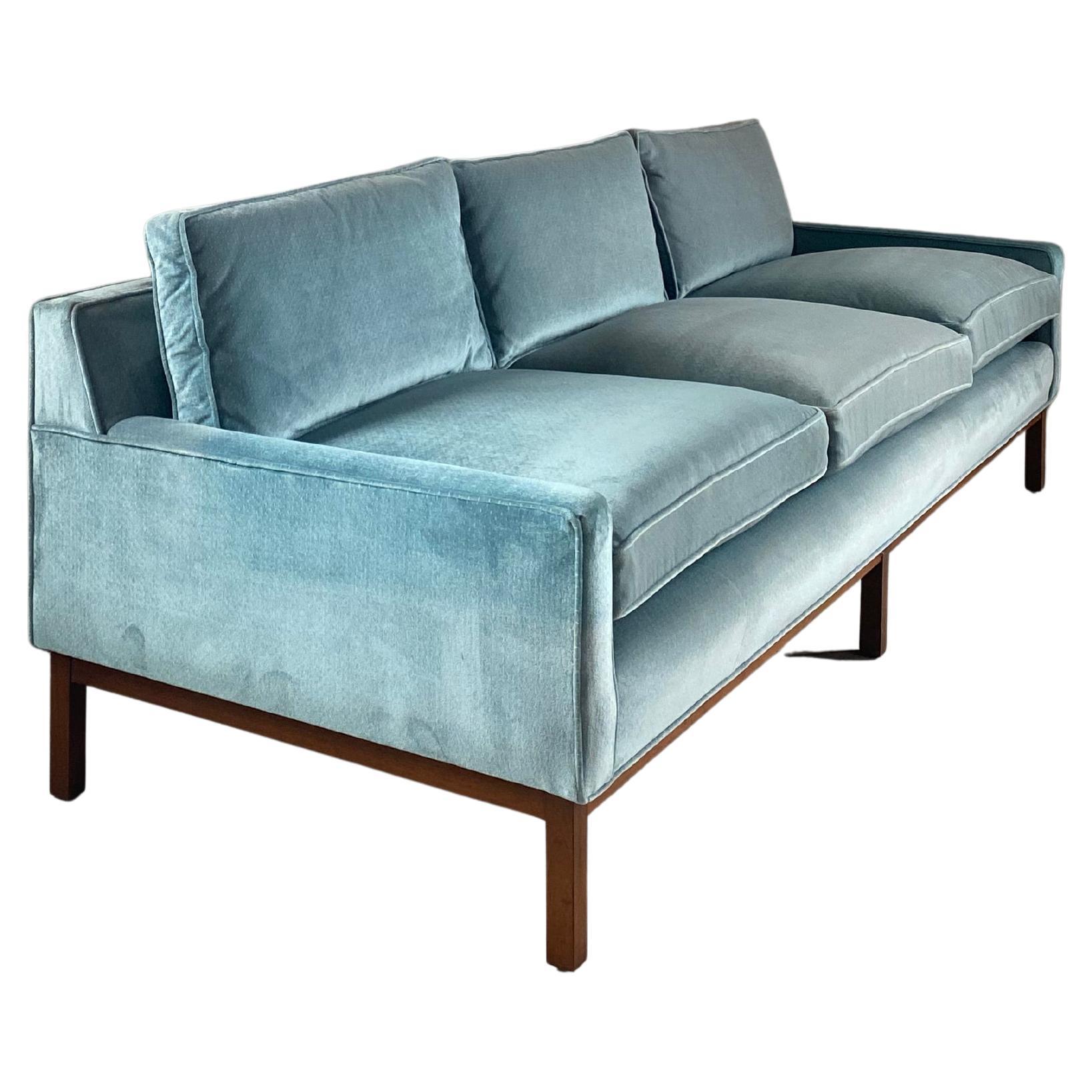 Icy Blue Dunbar-Style Sofa with Walnut Base + Legs For Sale