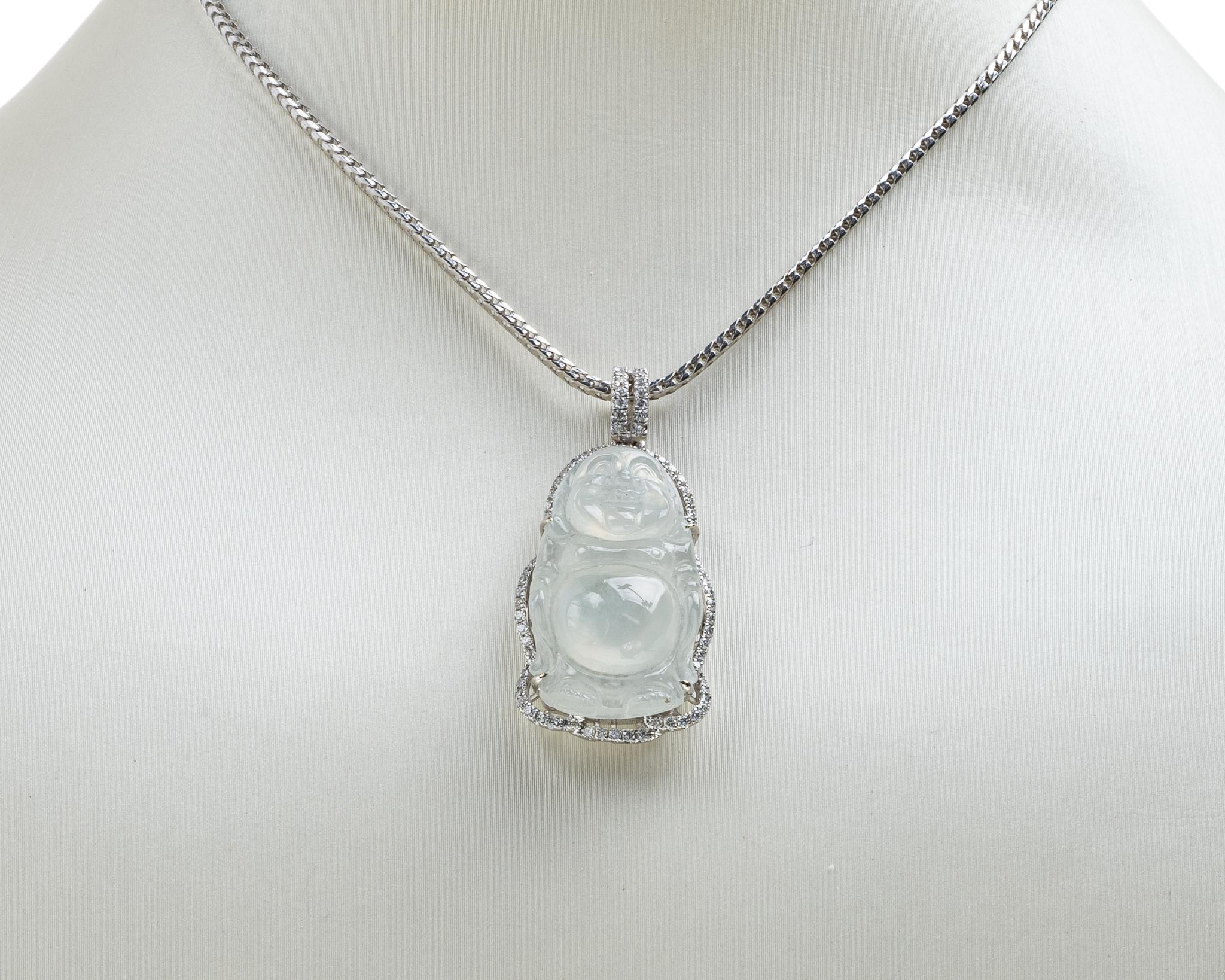 Women's or Men's Icy Jadeite Jade Buddha Jadeite Jade and Diamond Pendant, Certified Untreated For Sale