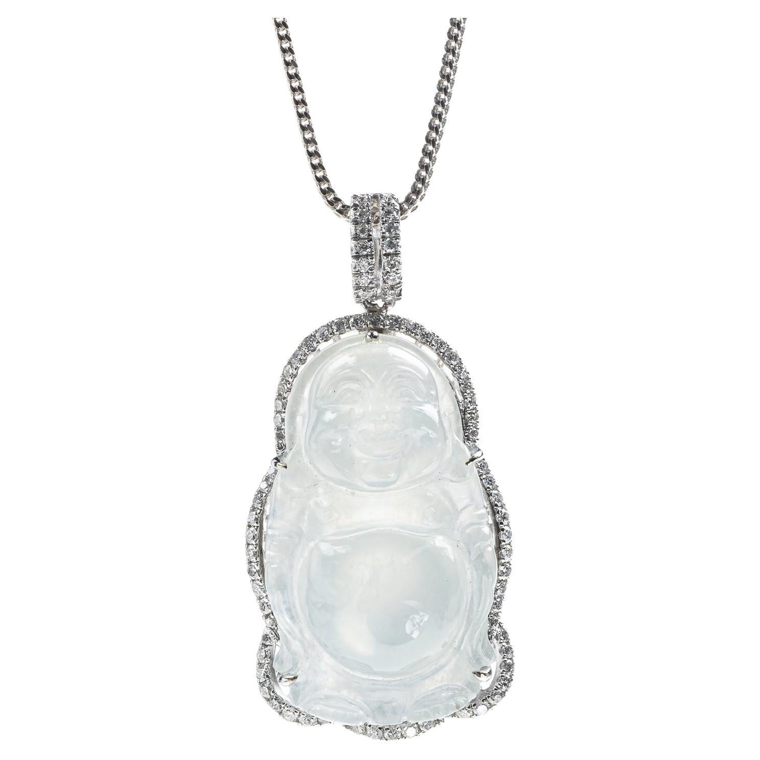 Icy Jadeite Jade Buddha Jadeite Jade and Diamond Pendant, Certified Untreated