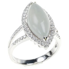 Icy Jadeite Jade Marquis Cabochon and Halo Diamond Ring, Certified Untreated