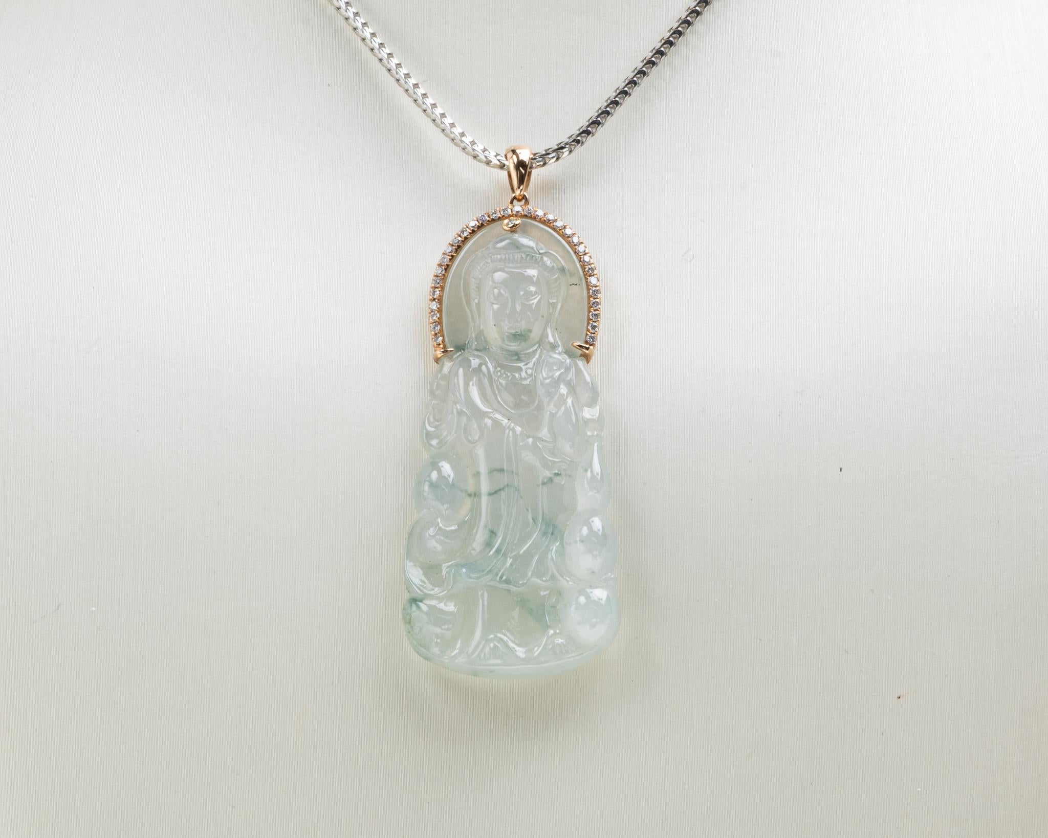 Rough Cut Icy Jadeite Jade Quan Yin and Diamond Pendant, Certified Untreated For Sale