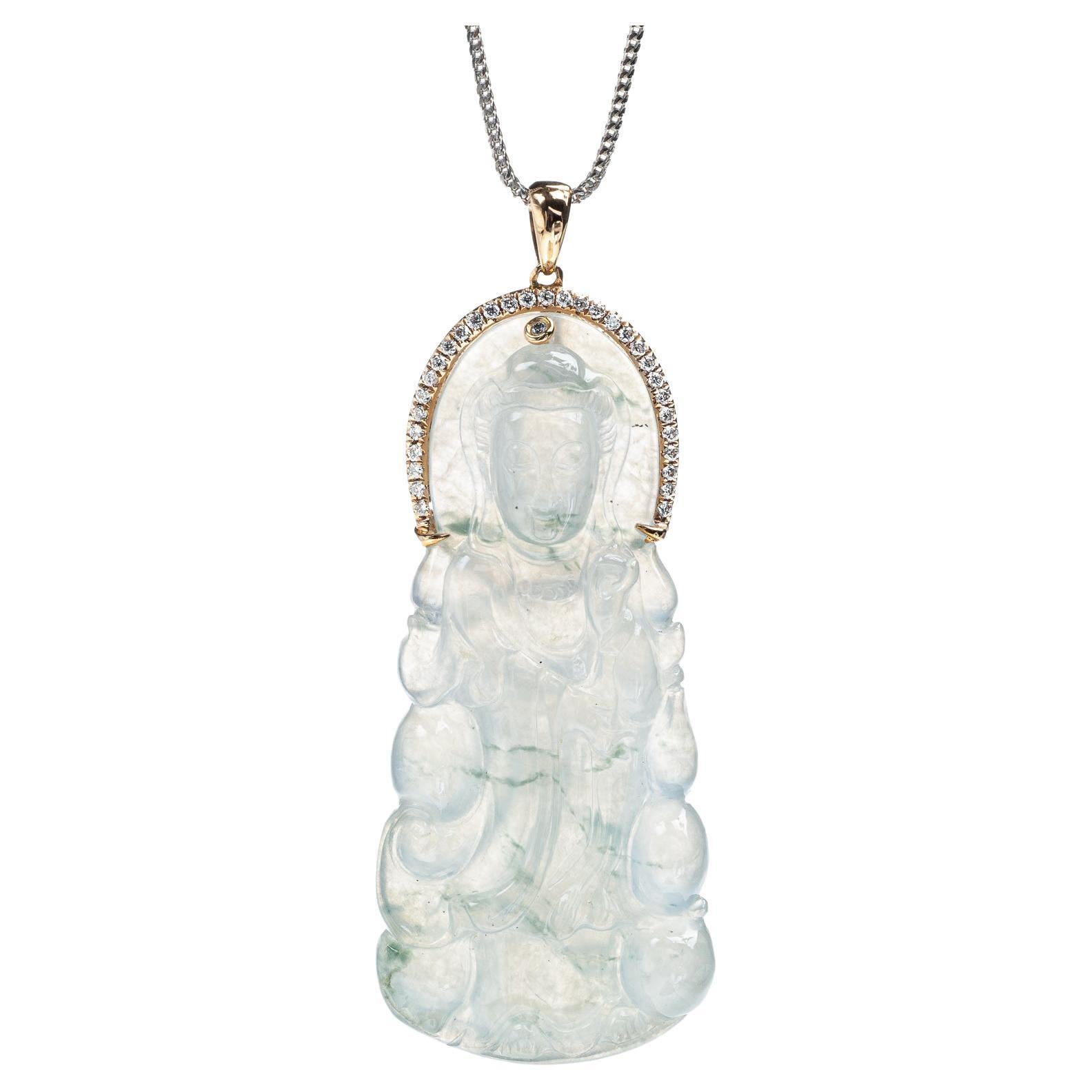 Icy Jadeite Jade Quan Yin and Diamond Pendant, Certified Untreated For Sale