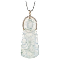 Icy Jadeite Jade Quan Yin and Diamond Pendant, Certified Untreated