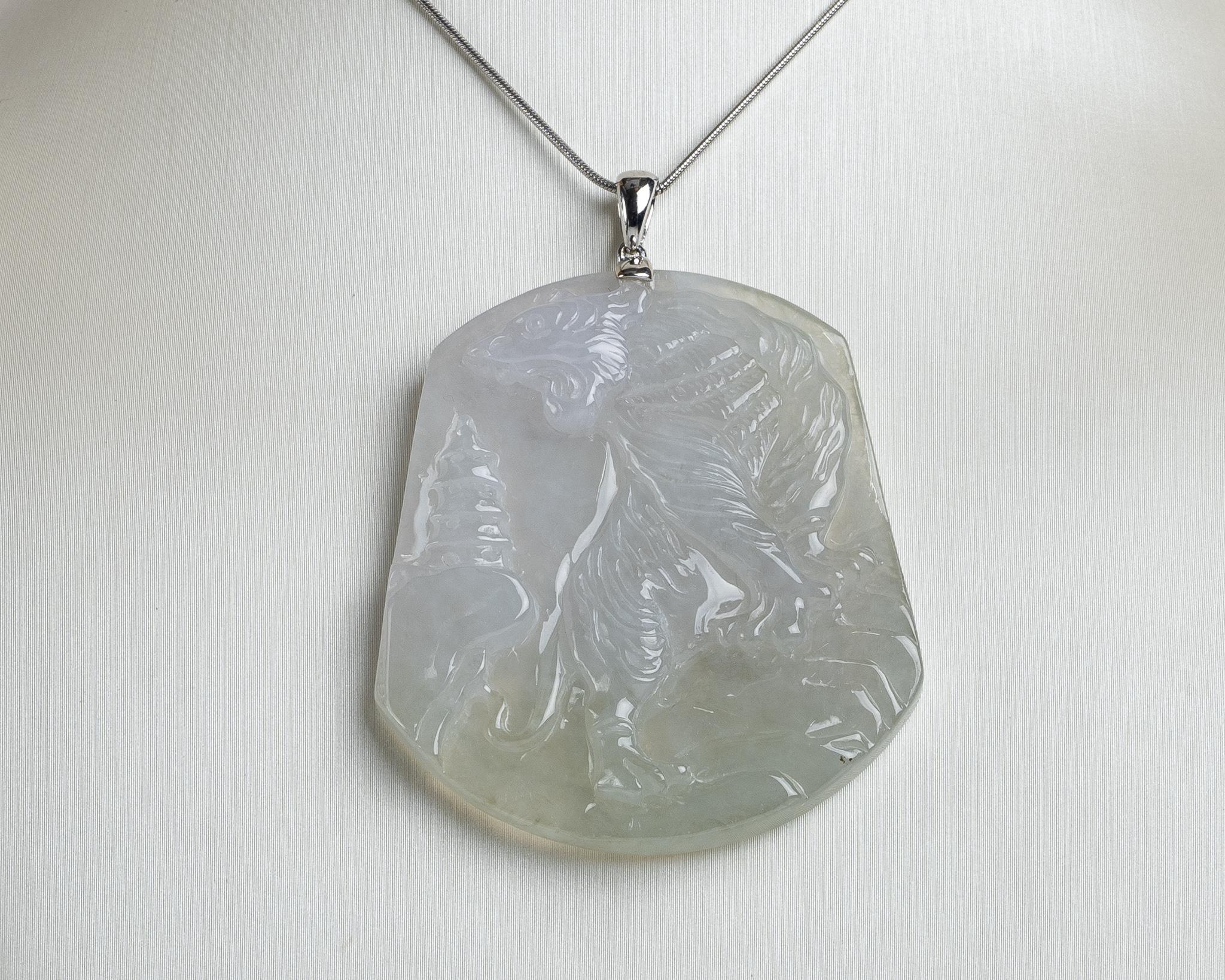 Rough Cut Icy Jadeite Jade Tiger Pendant, Certified Untreated For Sale