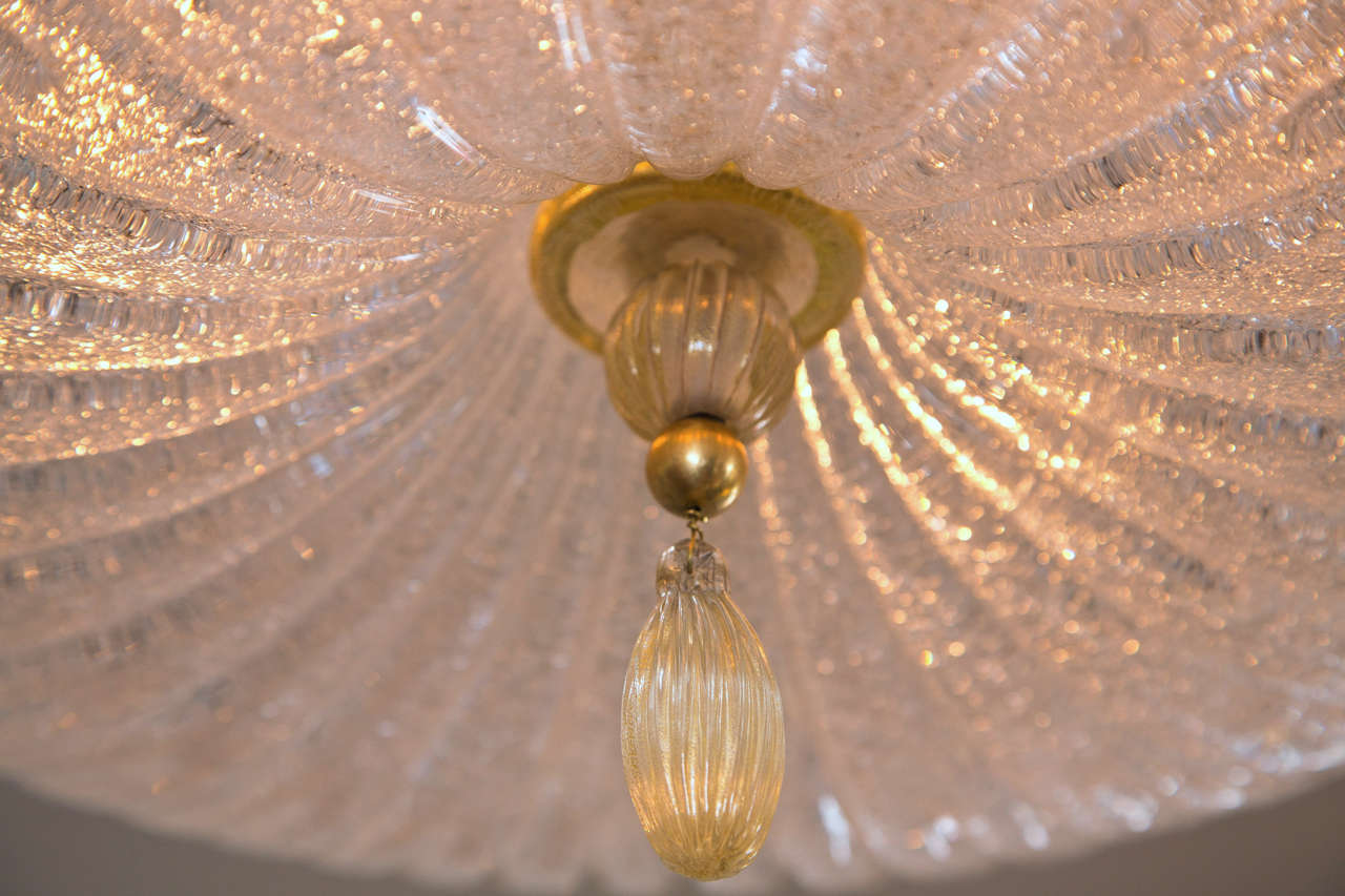 Italian Icy Murano Blown Ceiling Fixture With Gold Blown Drop