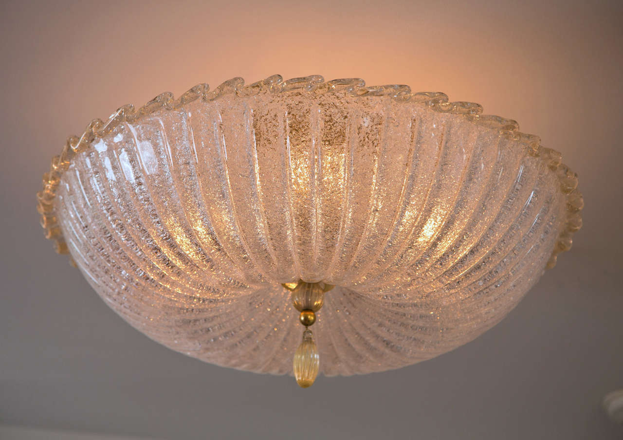 Glass Icy Murano Blown Ceiling Fixture With Gold Blown Drop