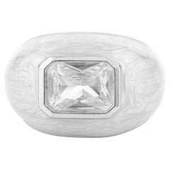 Icy Swirl Enamel Unisex Dome Silver Ring in Emerald Cut Zircon Jewelry for Gift