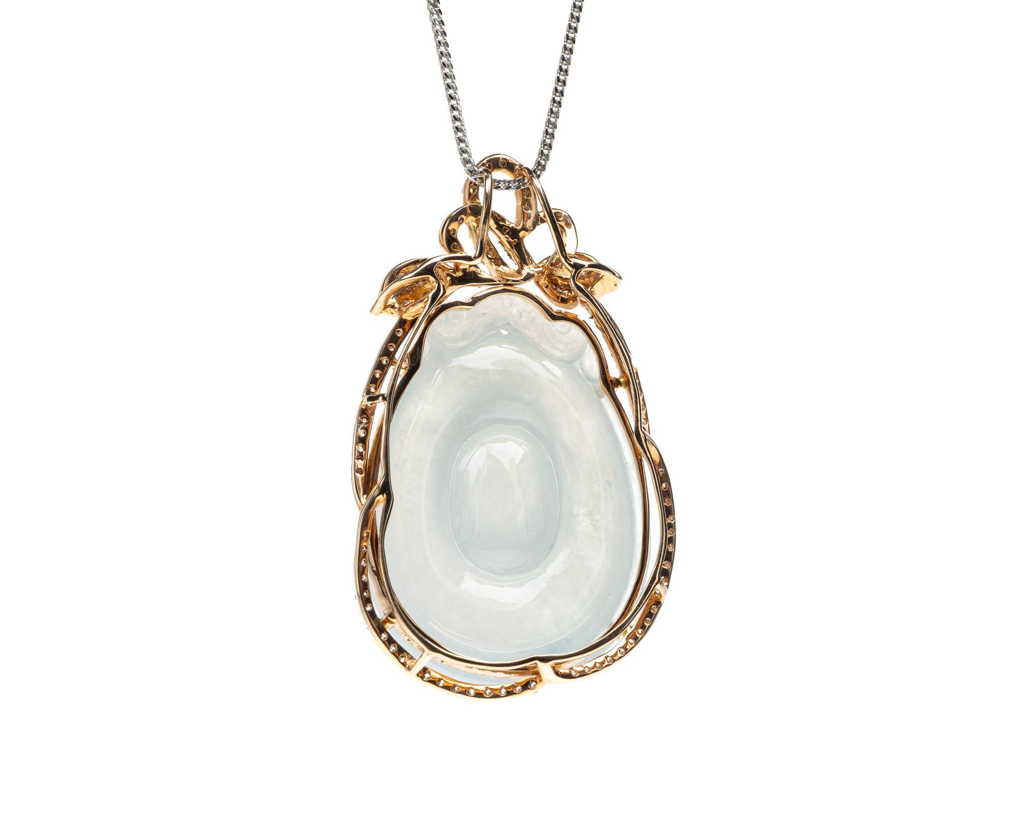 Rough Cut Icy White Jadeite Jade Gold Coin and Diamond Pendant, Certified Untreated For Sale