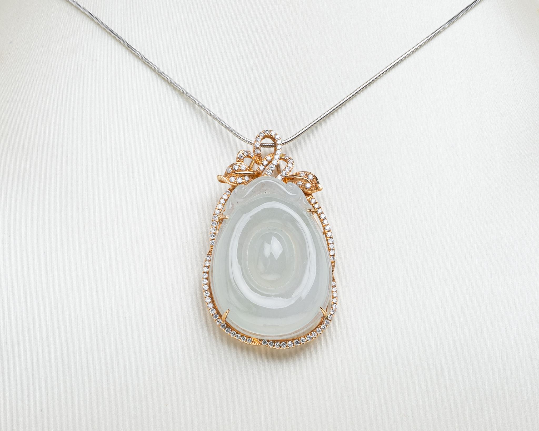 Icy White Jadeite Jade Gold Coin and Diamond Pendant, Certified Untreated For Sale 1