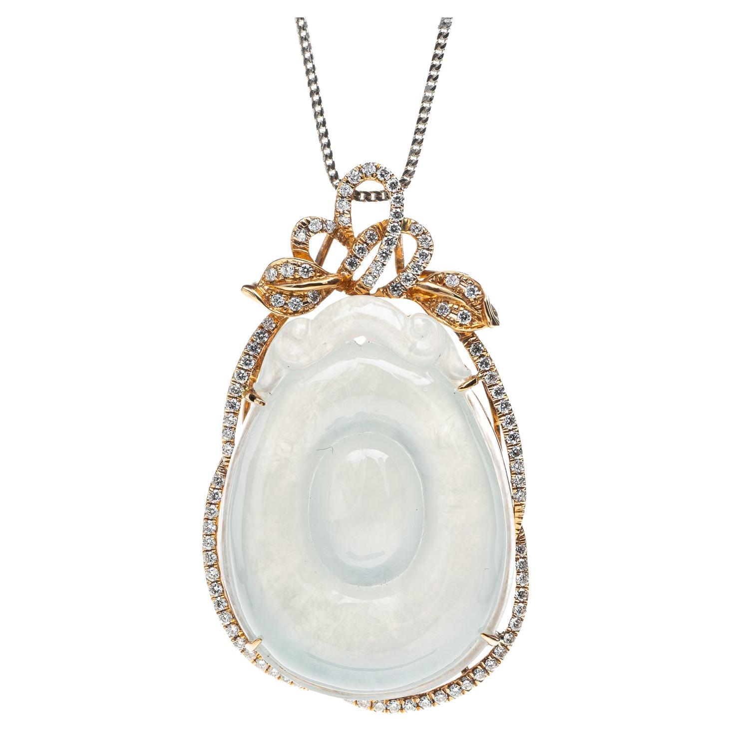 Icy White Jadeite Jade Gold Coin and Diamond Pendant, Certified Untreated For Sale