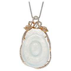 Icy White Jadeite Jade Gold Coin and Diamond Pendant, Certified Untreated