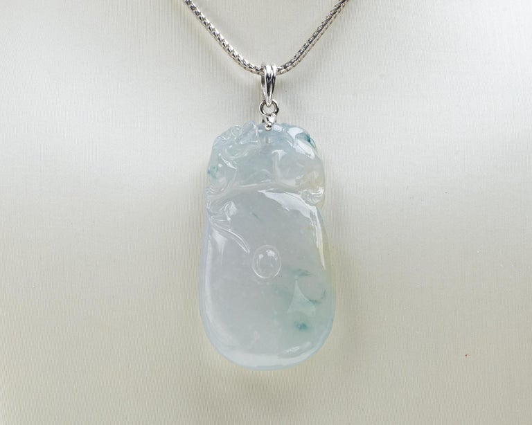 Icy White Jadeite Jade Pixiu Lion and Gold Coin Pendant, GIA Certified