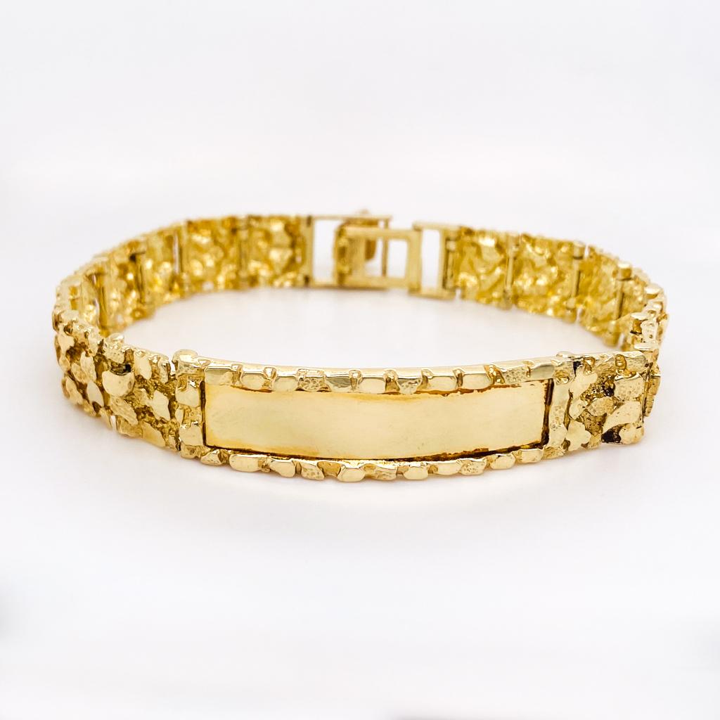 ID Bracelet Nugget Pattern in Solid 10K Yellow Gold 7.5 inches x 0.5 inch In New Condition For Sale In Austin, TX
