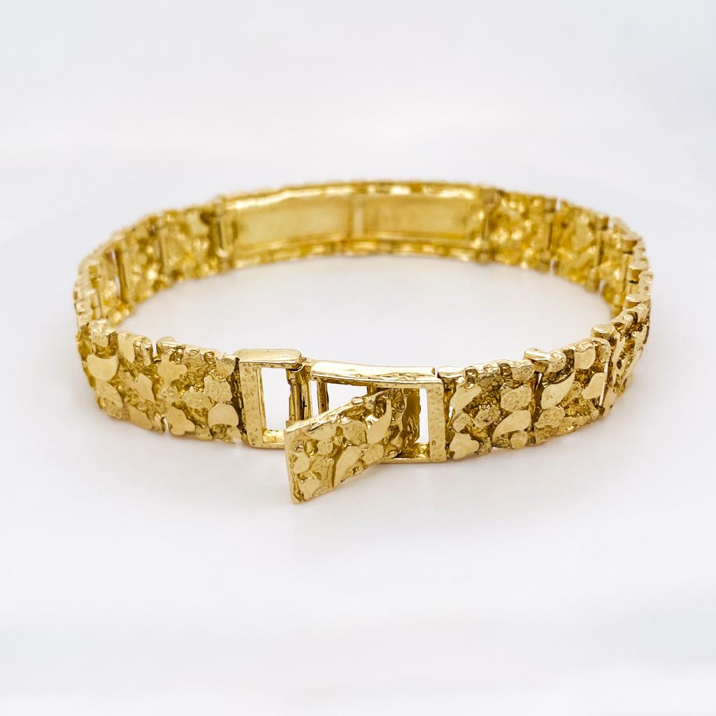 Men's ID Bracelet Nugget Pattern in Solid 10K Yellow Gold 7.5 inches x 0.5 inch For Sale