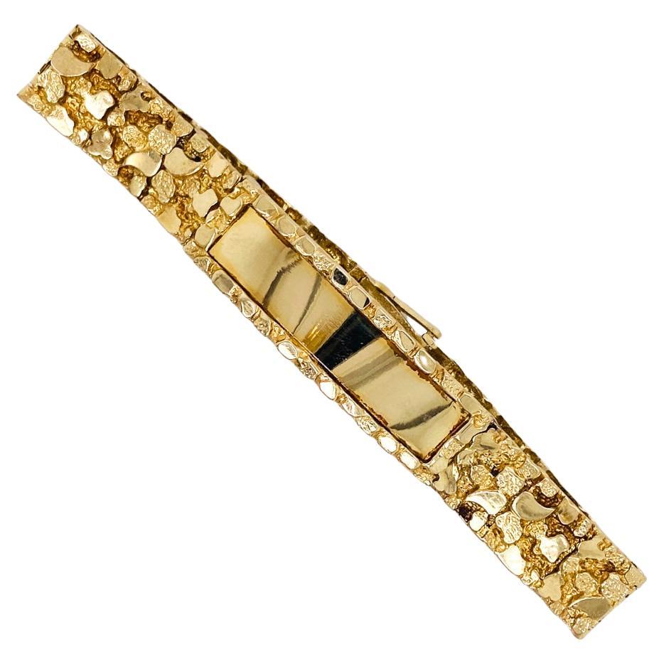 ID Bracelet Nugget Pattern in Solid 10K Yellow Gold 7.5 inches x 0.5 inch For Sale