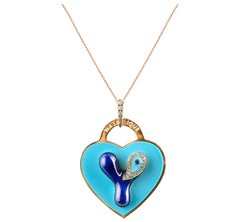 ID Tag Necklace Evil Eye Blue Heart, Diamond Y Initial, Blue Handcrafting Enamel