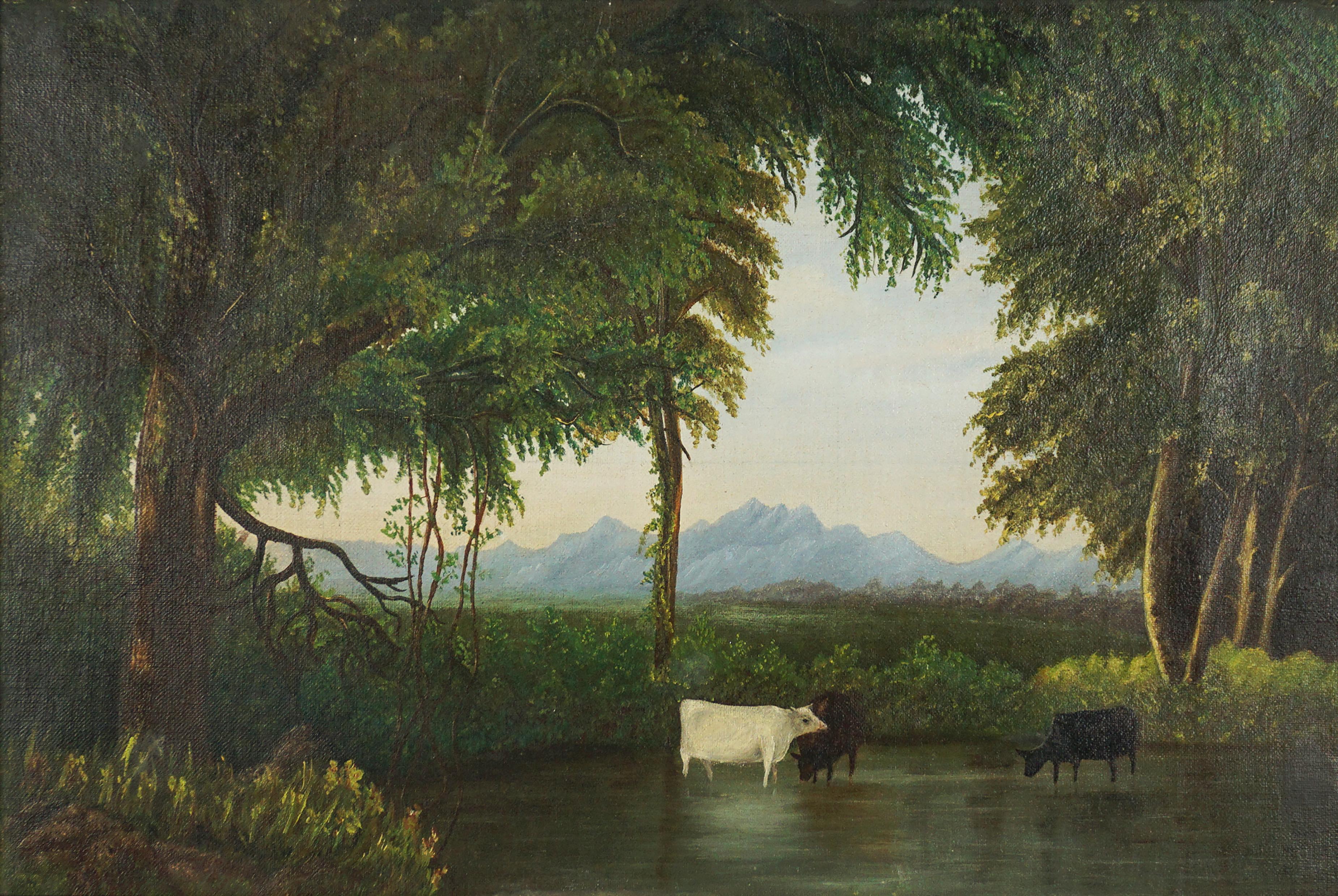  Naïve Art Hudson River School Landscape with Cattle and Mountains - Painting by Ida Belle Fowler