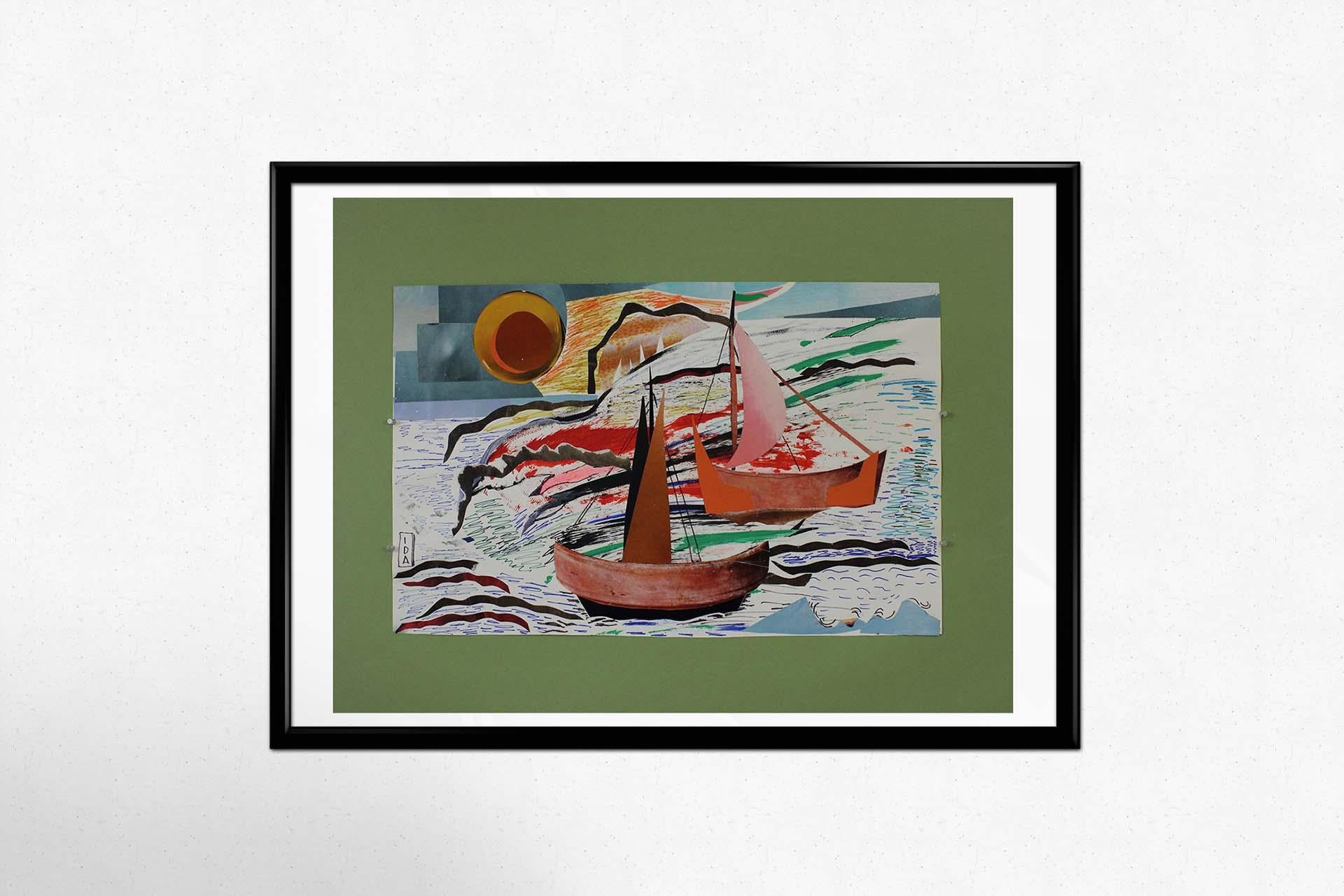 CIRCA 1950 Ida Colucci - Segelboote auf See Collage im Angebot 1
